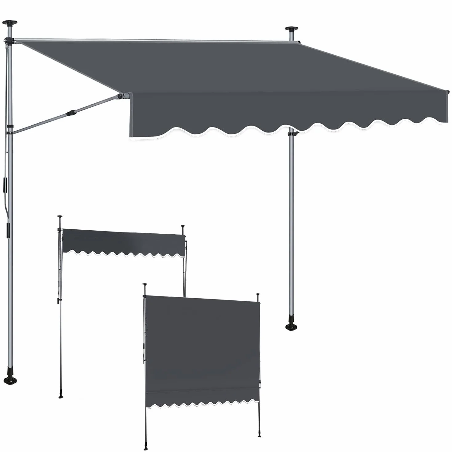 Markiza zaciskowa o szerokości 350 cm, balkonowa, bez wiercenia, regulacja wysokości 214-305 cm, ochrona przed słońcem na balkon, wysuwana do 150 cm, z poliestru 180 g/m², UV50+, antracytowa