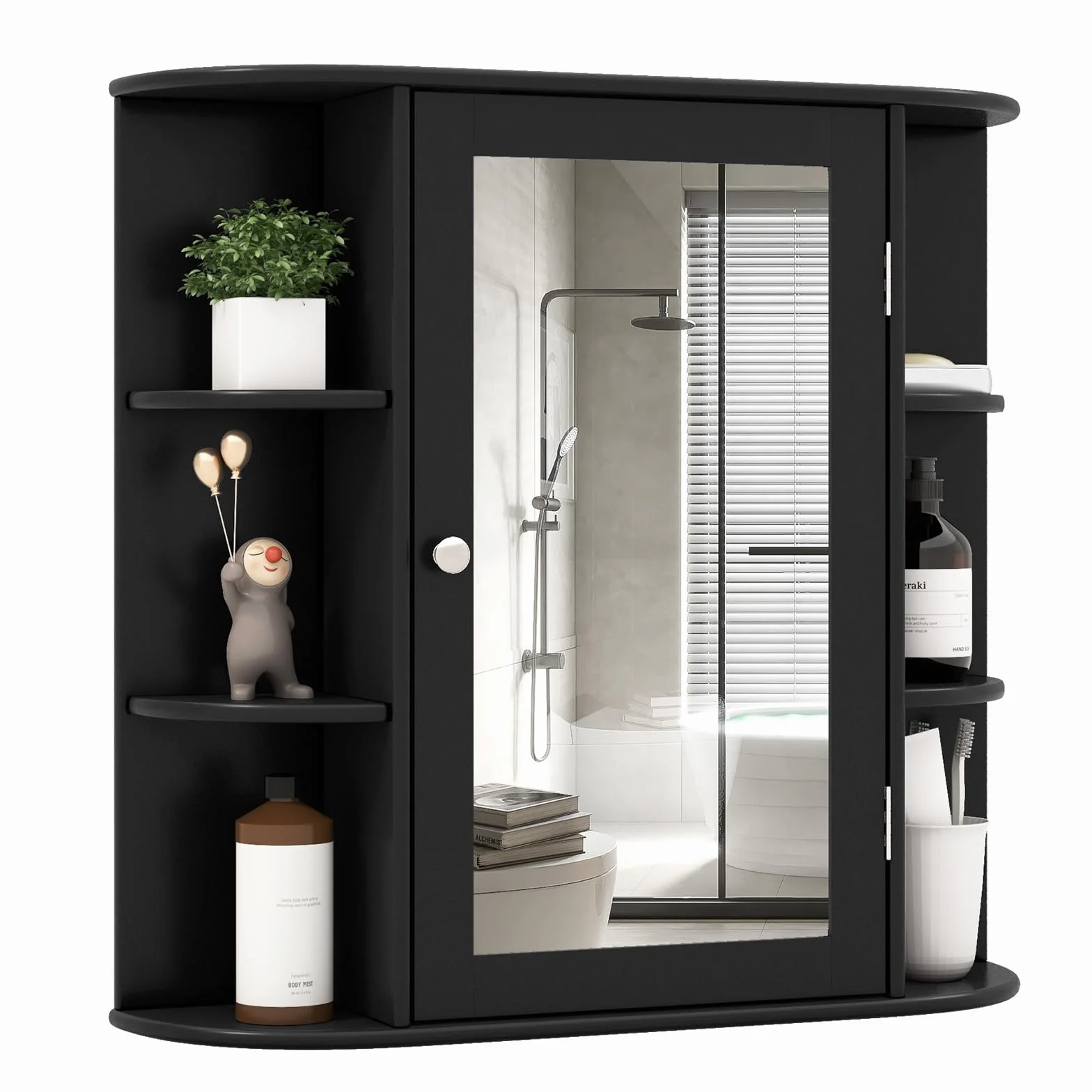 GIANTEX Szafka łazienkowa z lustrem, wisząca, drewniana, szafka wisząca z lustrem, lustro łazienkowe, 4 półki i 6 półek, szafka ścienna, szafka łazienkowa, szafka na kosmetyki, 65 x 17 x 64 cm (czarna