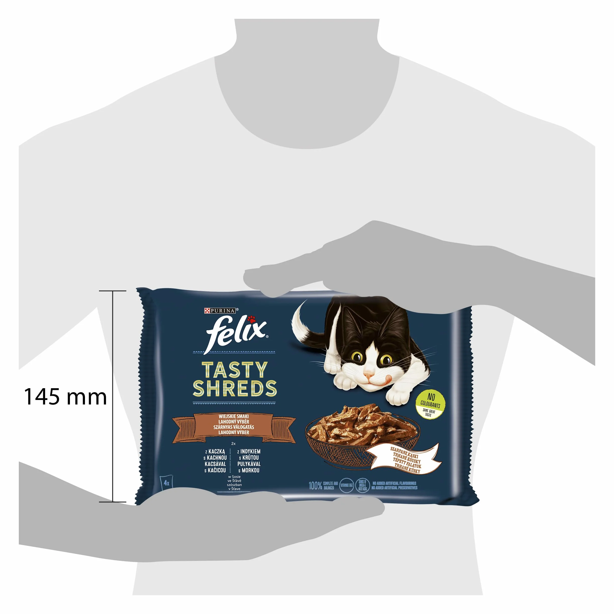 FELIX TASTY SHREDS Wiejskie Smaki | Karma mokra dla dorosłych kotów | Kaczka, Indyk | 4x80g