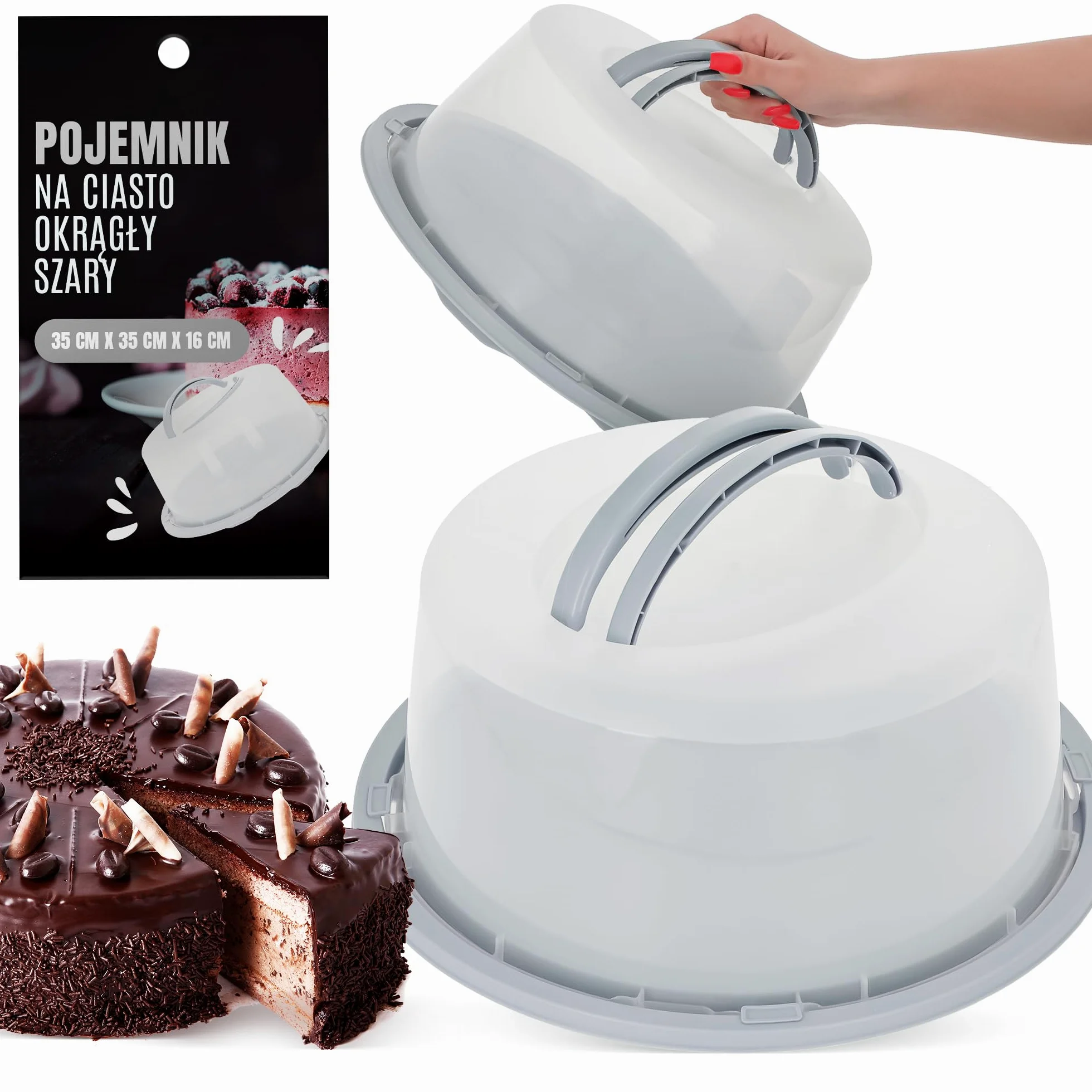 Pojemnik na Ciasto Tort Wypieki Okrągły 35 x 35 x 16 cm Szary Plastikowy Pudełko Przenośne Transportowe Ochronne do Transportu Przewożenia Ciast Tortu Wypieków Nakładka z Uchwytem