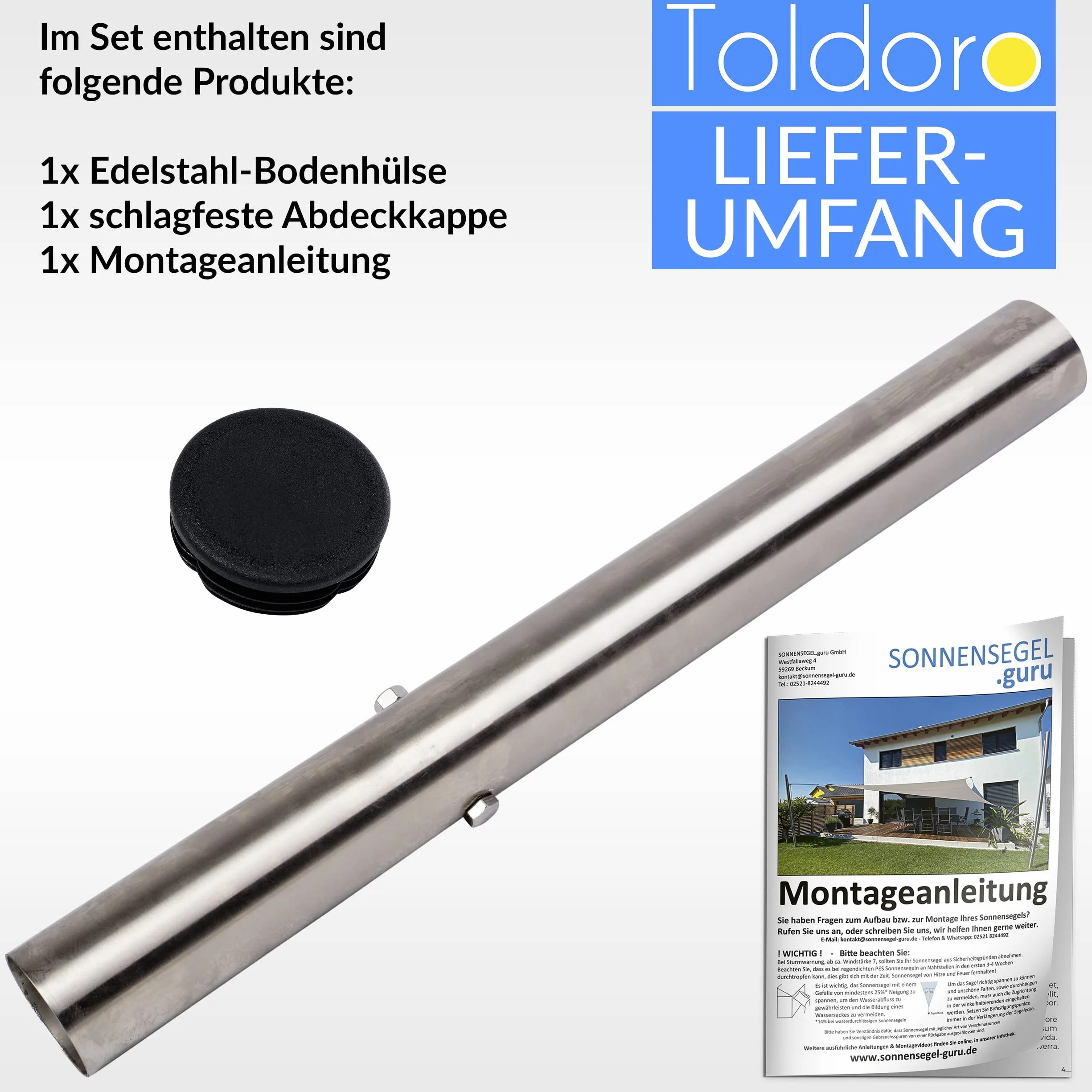 Toldoro® Tuleja osadcza żagiel przeciwsłoneczny do masztu przeciwsłonecznego Ø 70 mm, stal nierdzewna V2A i ochrona przed zamarzaniem/łatwe wyjmowanie żagla przeciwsłonecznego drążek i maszty wraz z