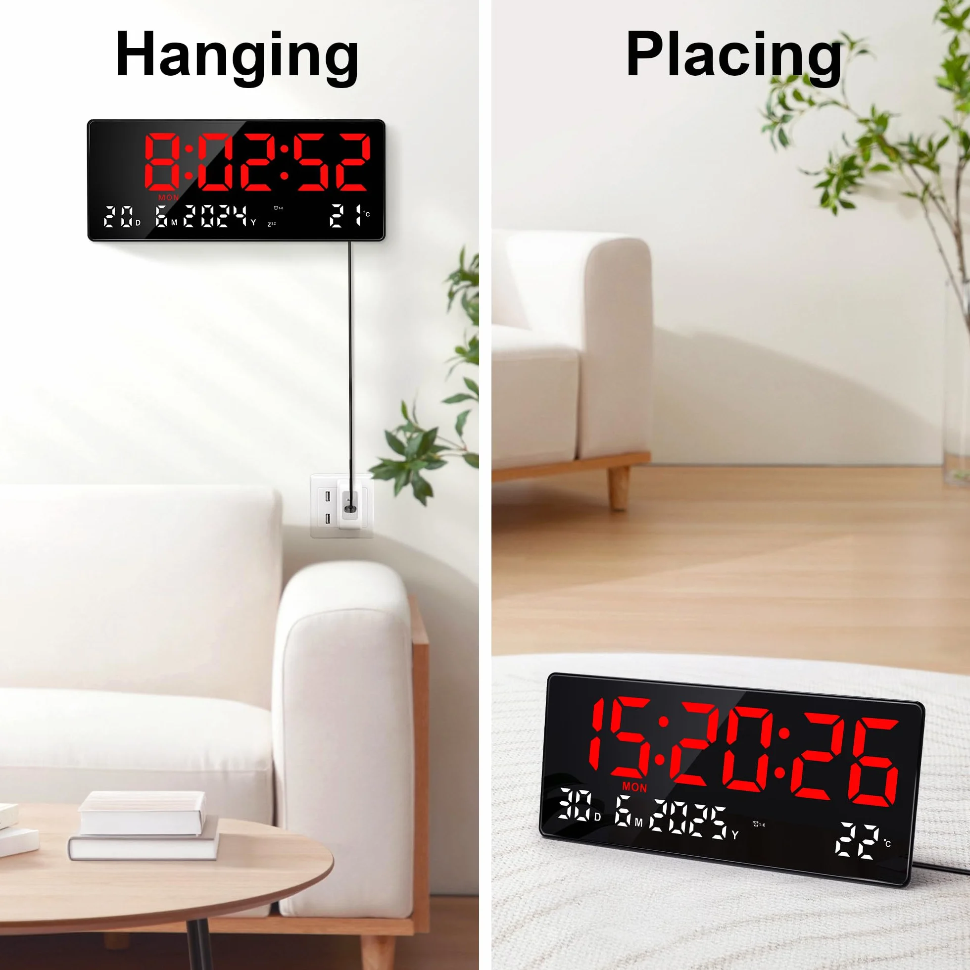 Lafocuse Zegar ścienny 15,5" cyfrowy LED, duży wyświetlacz, cyfrowy zegar ścienny i stołowy z pilotem zdalnego sterowania, dużymi cyframi, datą, temperaturą, tygodniem, nowoczesny zegar do salonu