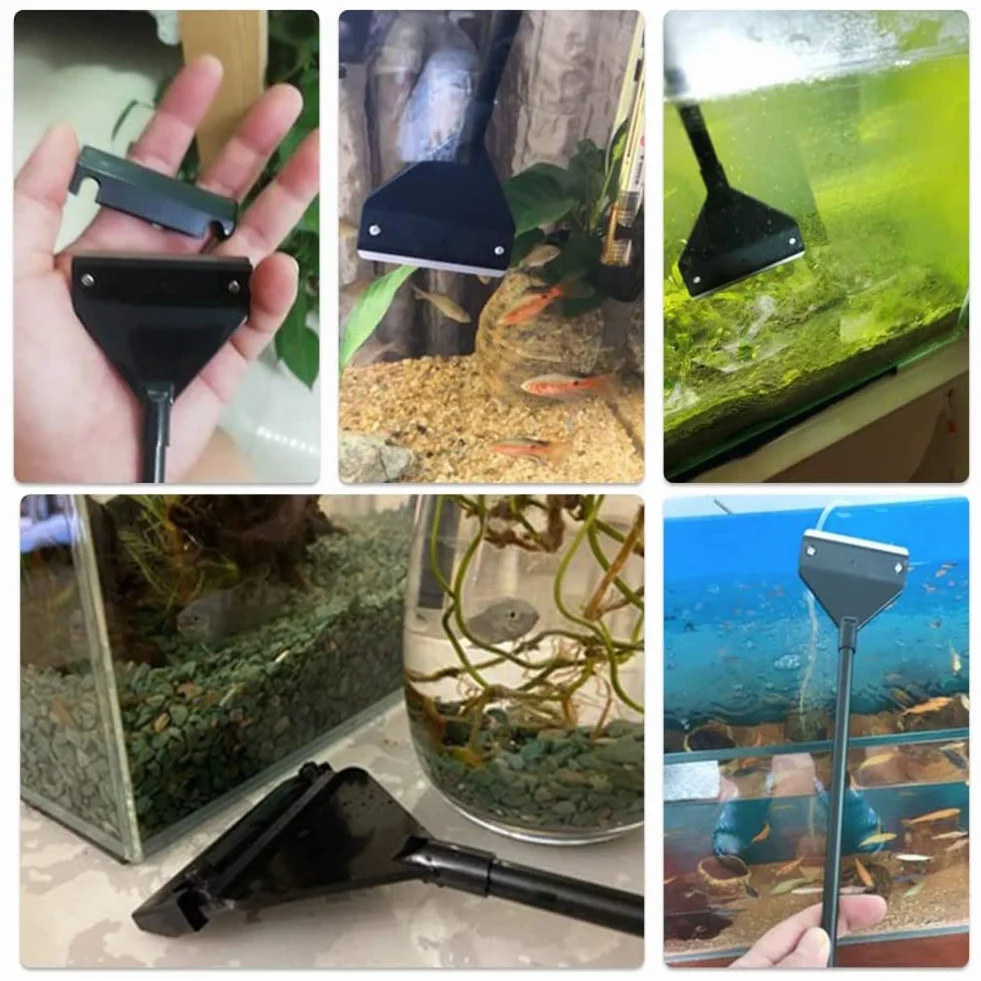 Kiuiom Skrobak do glonów do basenów z rybami, skrobak do alg, do aquascape, do czyszczenia szyb akwariowych, ostrza do szkła, długi uchwyt, z ostrzem, śrubokrętem