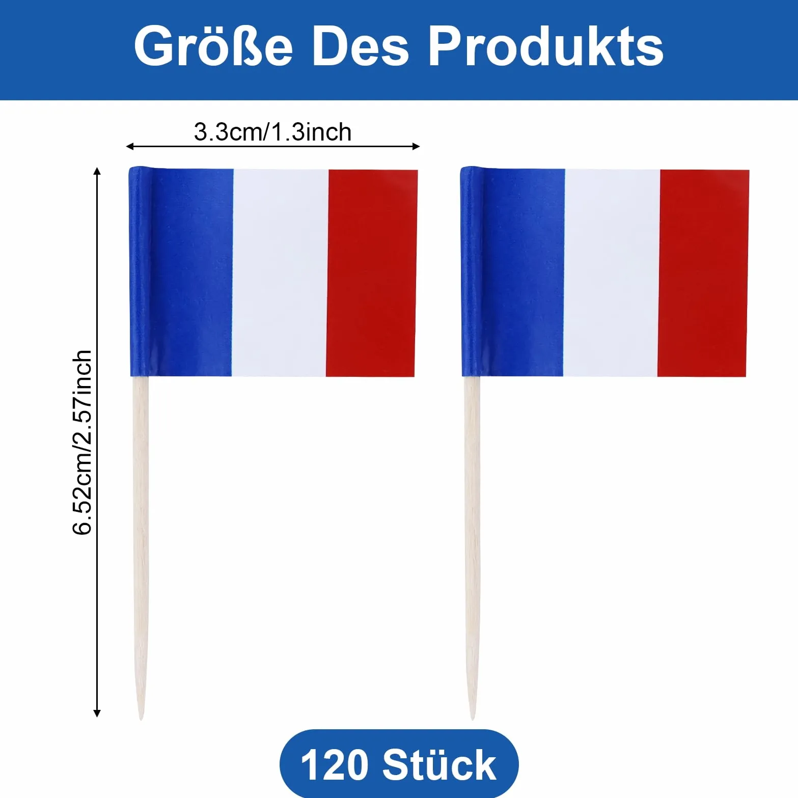 120 sztuk wykałaczek z flagą Francji, dekoracyjne wykałaczki, drewniane flagi do koktajli, do ciast, ciastek, muffinek, lodów, owoców