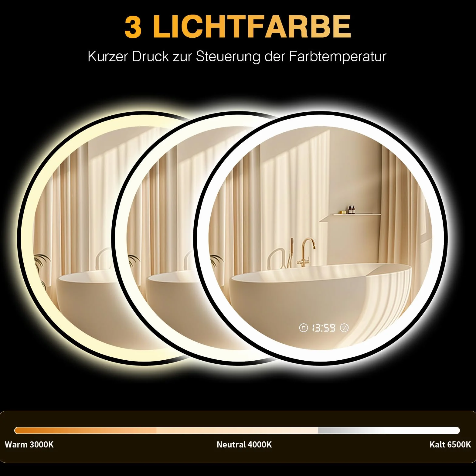 Lustro LED z zegarem - 70 cm Okrągłe lustro z oświetleniem, antyrefleksyjne, możliwość regulacji jasności, 3 kolory światła, energooszczędne z przełącznikiem dotykowym i funkcją pamięci
