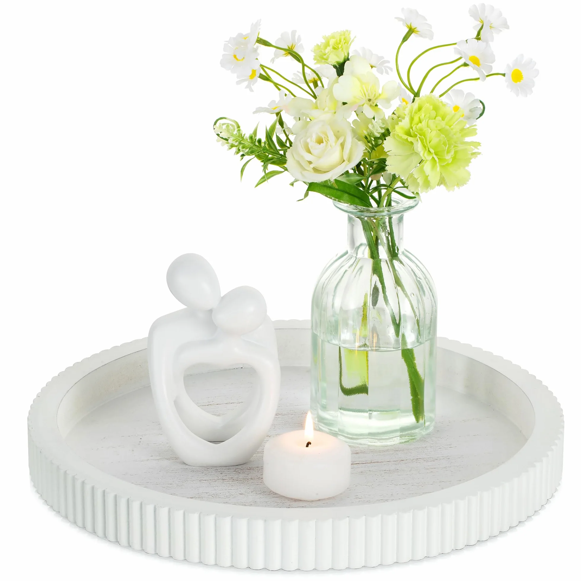 Hanobe Okrągła dekoracyjna taca Deco: Shabby Chic Białe drewniane tacki do serwowania do kuchni salonu - 30 cm Nowoczesna dekoracja domu Pionowe paski na stolik kawowy Wejście