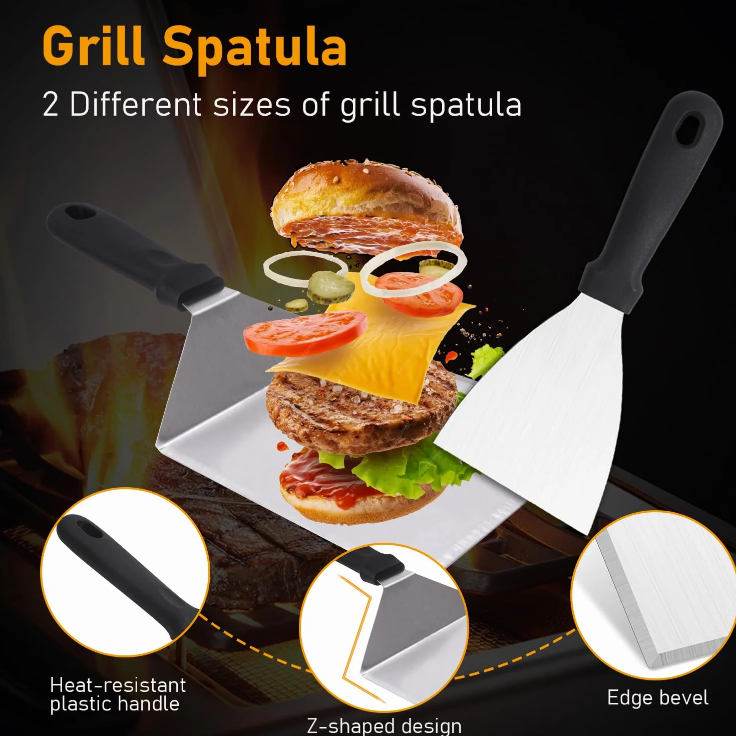 Smash zestaw do burgerów, prasa do burgerów, stal nierdzewna, zestaw sztućców do grilla z okrągłą prasą do burgerów i 2 szpatułkami do grilla, do użytku wewnątrz i na zewnątrz