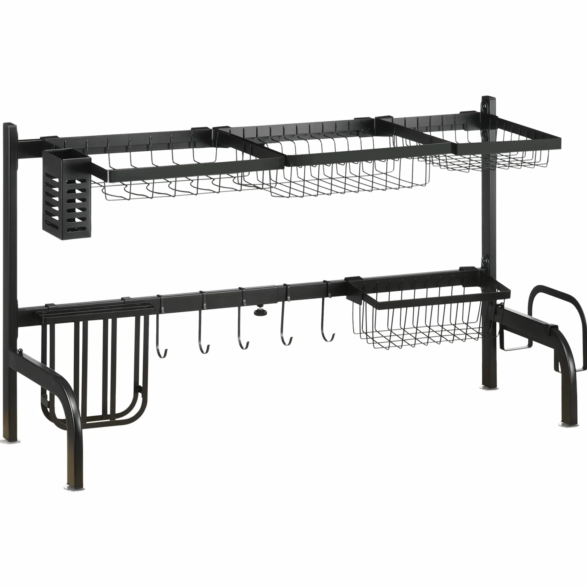HOMCOM Ociekacz do naczyń, 2-stopniowa kratka ociekowa, stelaż, 51-93 cm, ociekacz z haczykiem, taca ociekowa do zlewozmywaka kuchennego, stal, czarna