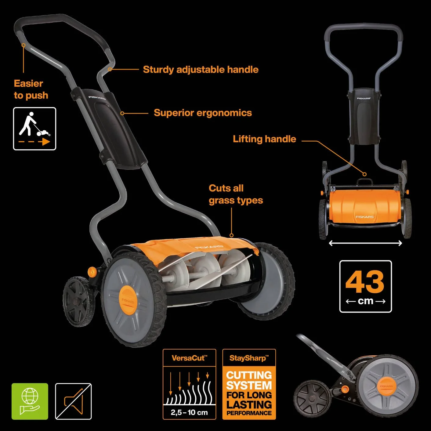 Fiskars Kosiarka bębnowa, Do trawy z bezkontaktowym systemem tnącym, Szerokość koszenia: 43 cm, StaySharp Plus, Czarna/ pomarańczowa/ srebrna, 1015649