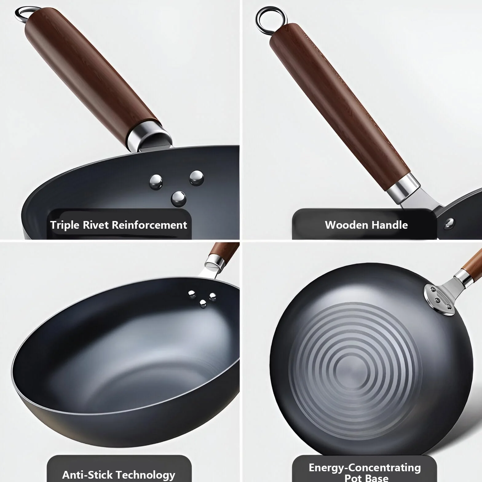 Wok żeliwny, nieprzywierająca patelnia z pokrywką i drewnianym uchwytem, idealna do gotowania indukcyjnego, elektrycznego, gazowego, naczyń kuchennych 32 cm