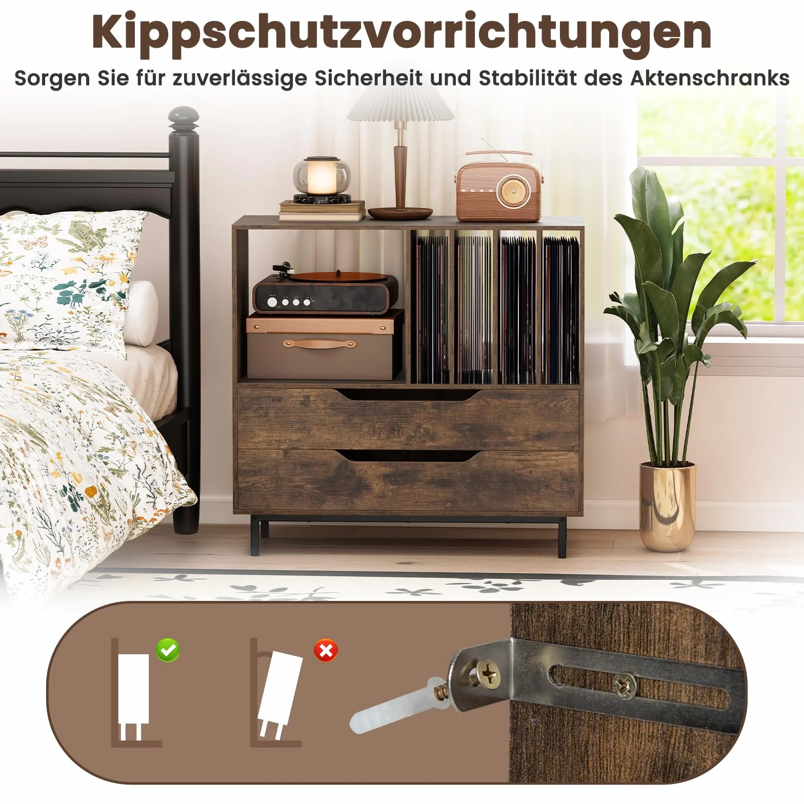 COSTWAY Stojak na Gramofon w Stylu Retro, Szafka na Płyty Winylowe z Otwartą Półką, 4 Przegrody na Winyle i 2 Szuflady, Stół Muzyczny do Salonu i Sypialni, Brązowy