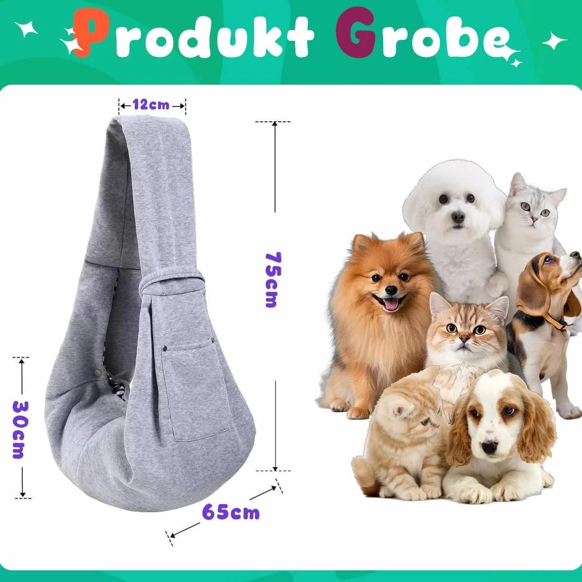 Odwracalna mała torba do noszenia psa, chusta do noszenia psa do 7,5 kg, torba do noszenia psa z karabińczykiem, paskiem do noszenia, torba na ramię dla psów na spacery na świeżym powietrzu (szara)