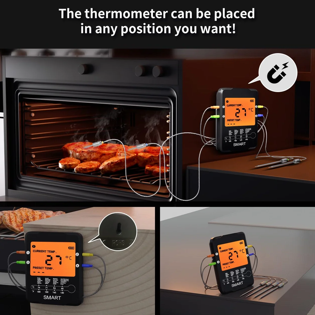 Uzone Termometr do mięsa, cyfrowy termometr Bluetooth, bezprzewodowy termometr z aplikacją 100 m, zdalny monitoring, termometr do piekarnika, smażenia, BBQ, podświetlenie ekranu LCD, 4 sondy