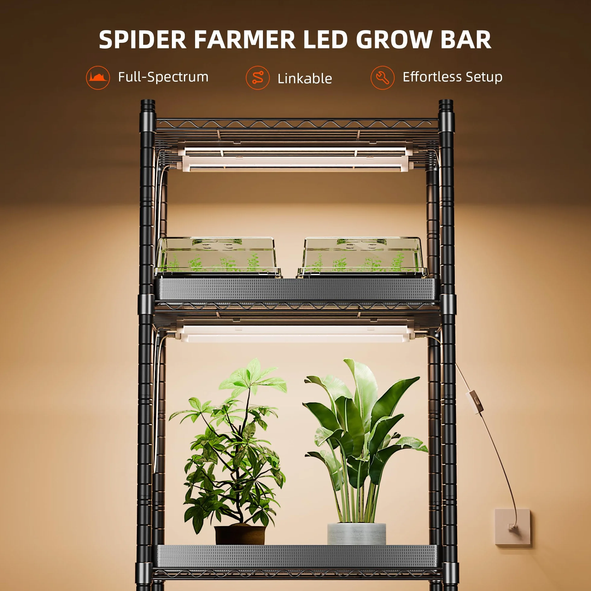 Spider Farmer Lampa LED do roślin pokojowych, 88,5 cm, pełne spektrum (3000 K + 5000 K + 660 nm), 3 poziomy ściemniania, 200 W (8 x 25 W), 1296 diod LED, wodoszczelność IP65, konstrukcja łańcuchowa do