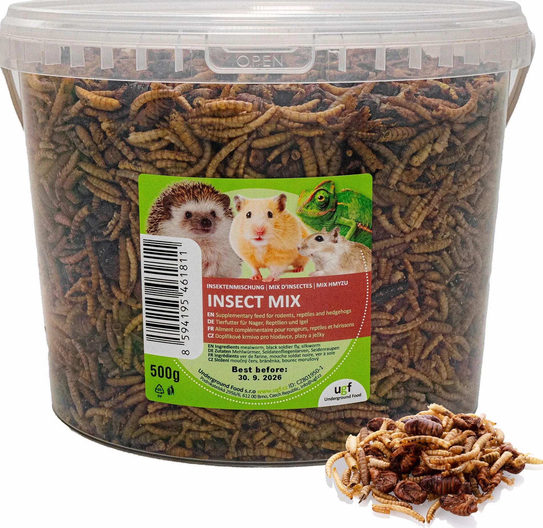 UGF - Mieszanka owadów - 500 g w wiadrze 3-litrowym, pokarm dla jeży, pokarm dla myszoskoczków, chomików, szczurów, jaszczurek - mączniki, larwy muchy żołnierskiej, jedwabniki