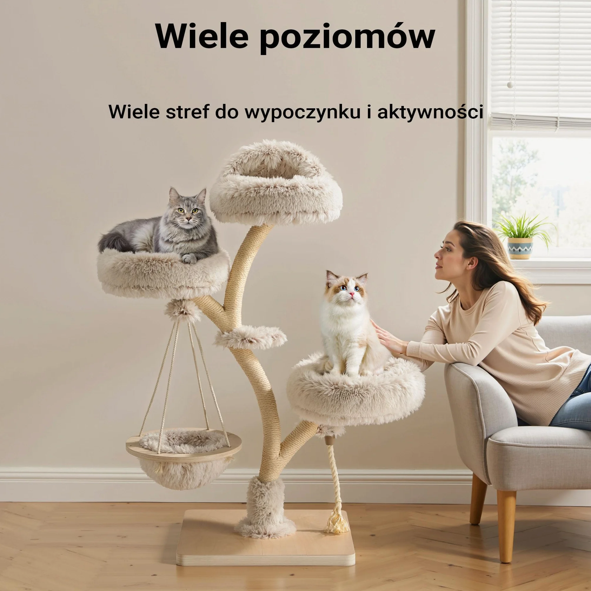 Fudajo Drapak dla kota w stylu drzewka 130 cm, designerskie drzewko dla kota z pluszowym legowiskiem i leżanką, stabilne sizalowe słupki do drapania