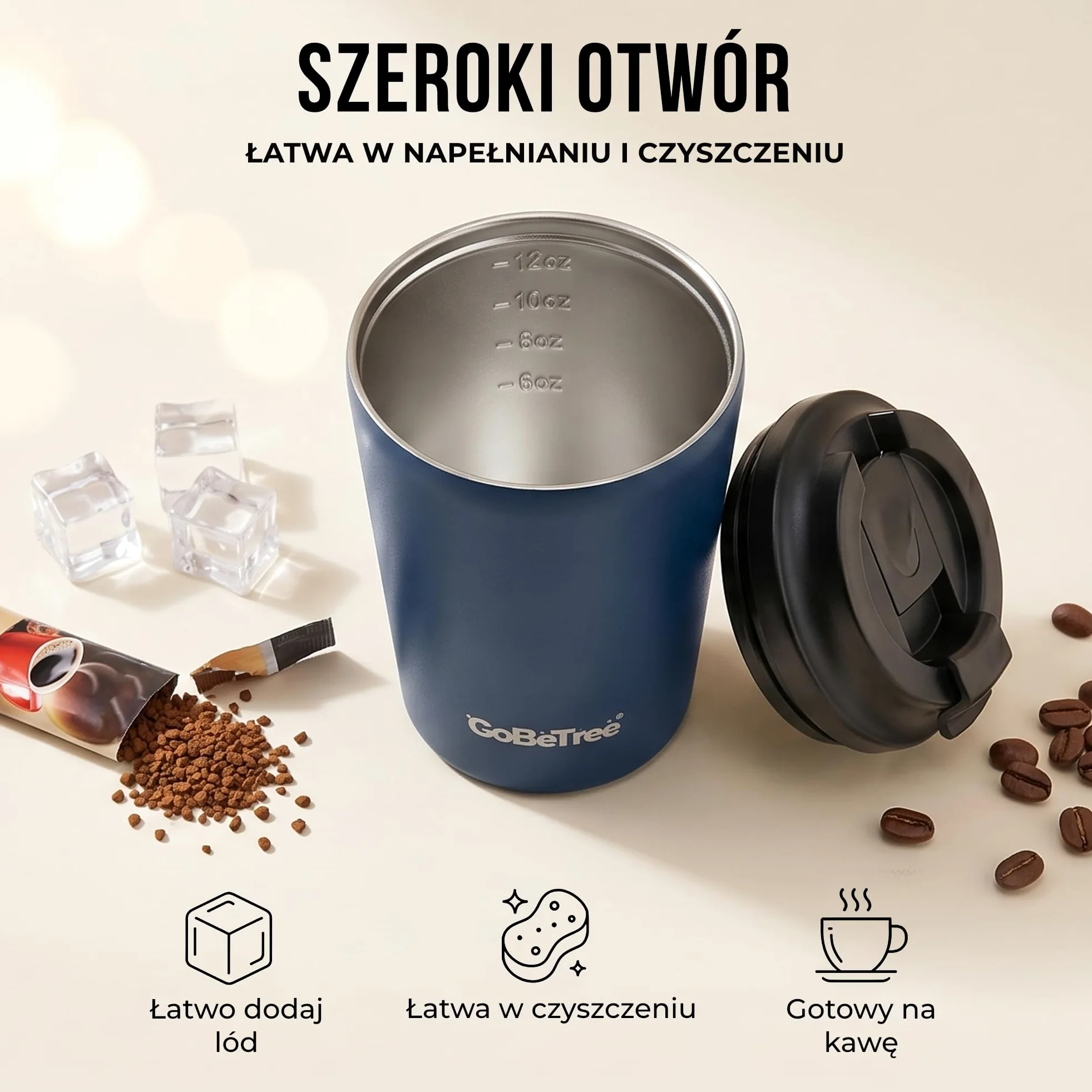 GoBeTree Kubek Termos do Kawy 360 ml (12 oz) Stal Nierdzewna QUARTZ. tumbler z hermetyczną pokrywą 100% szczelną i szerokim otworem do biura, samochodu, podróży, siłowni i kawy na wynos