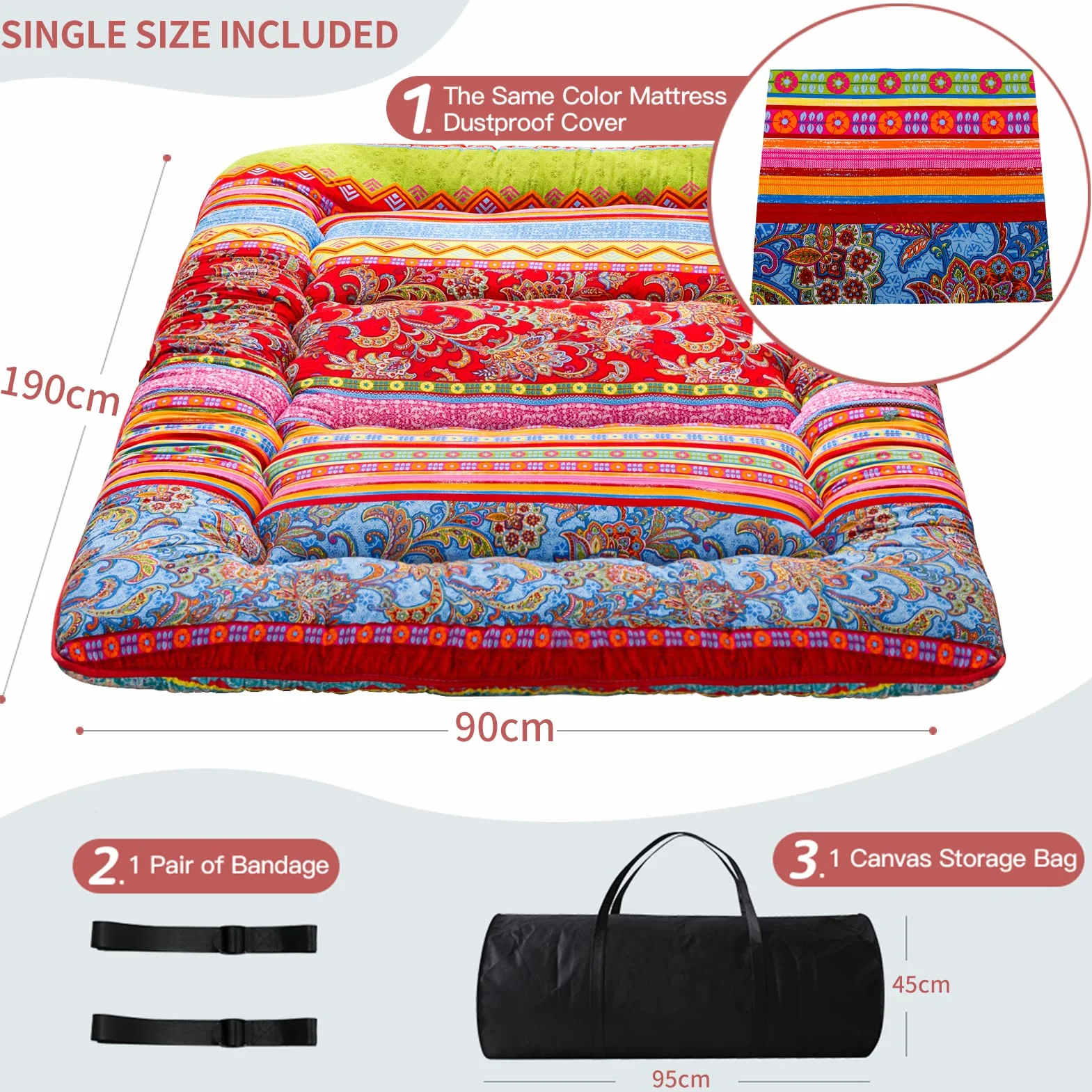 MAXYOYO Bohema retro materac podłogowy vintage kwiatowy japoński futon materac zwijany pogrubiony łóżko do spania przenośny materac kempingowy leżak podłogowy kanapa łóżko materac podkładka (boho C