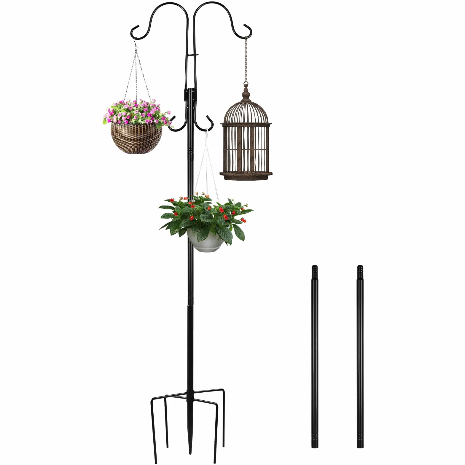 MaxAwe Garden podwójny hak pasterski, 200 cm, odporny na rdzę, metalowy hak ogrodowy, podwójny hak pasterski z 5 ząbkami, wytrzymały hak pasterski do lamp solarnych, wieszaków na ubrania, latarni,