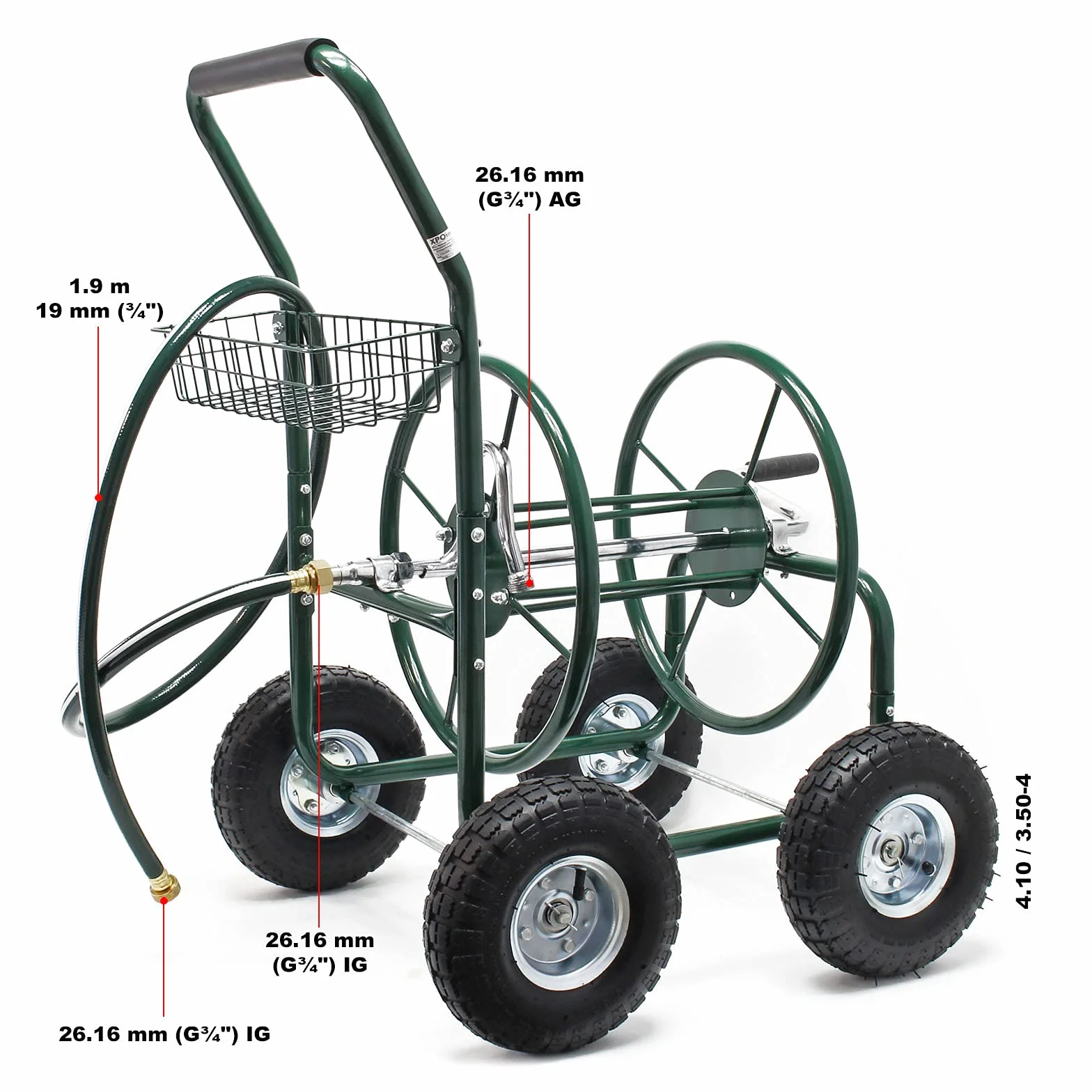 Wózek z bębnem na wąż Wiltec bez węża, bęben na wąż ogrodowy 5/8" (16 mm) do 76 m, z oponą Ø 25 cm Wózek z bębnem na wąż ogrodowy, bęben na wąż ogrodowy