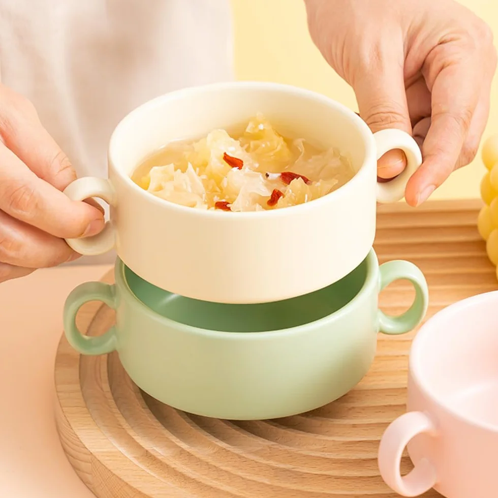 Ceramiczne miseczki na zupę, 300 ml, miska śniadaniowa z uchwytem, filiżanki do zupy, musli, mleka, deserów, płatków owsianych