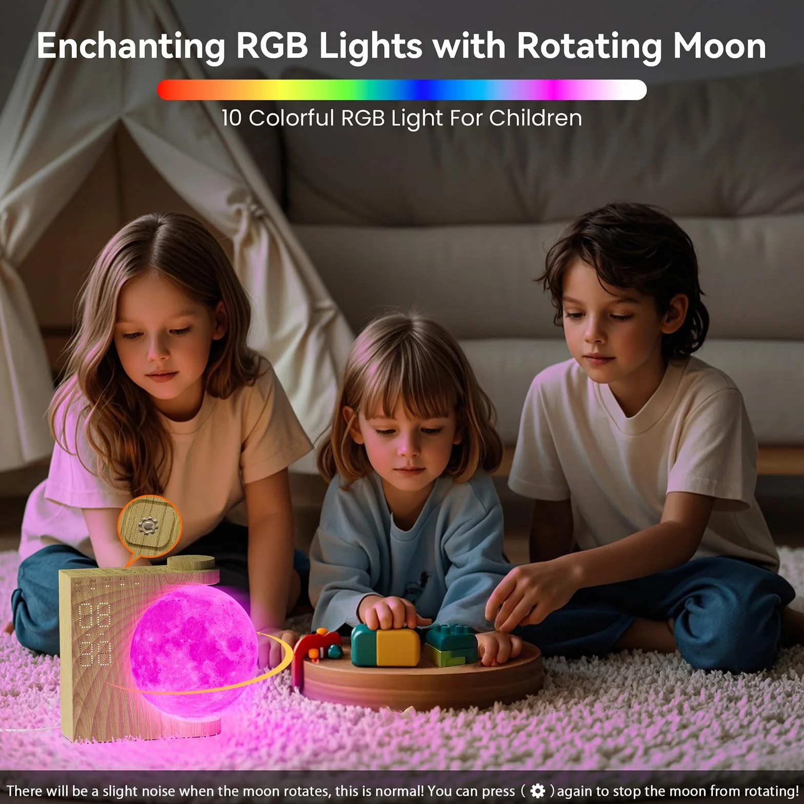 RETEYUNG Lampa księżycowa 3D z automatyczną rotacją, budzik dziecięcy z 8 kolorami RGB, światło księżyca, budzik ze światłem dziennym z 10 naturalnymi dźwiękami, prezent dla kobiet, dziewcząt i
