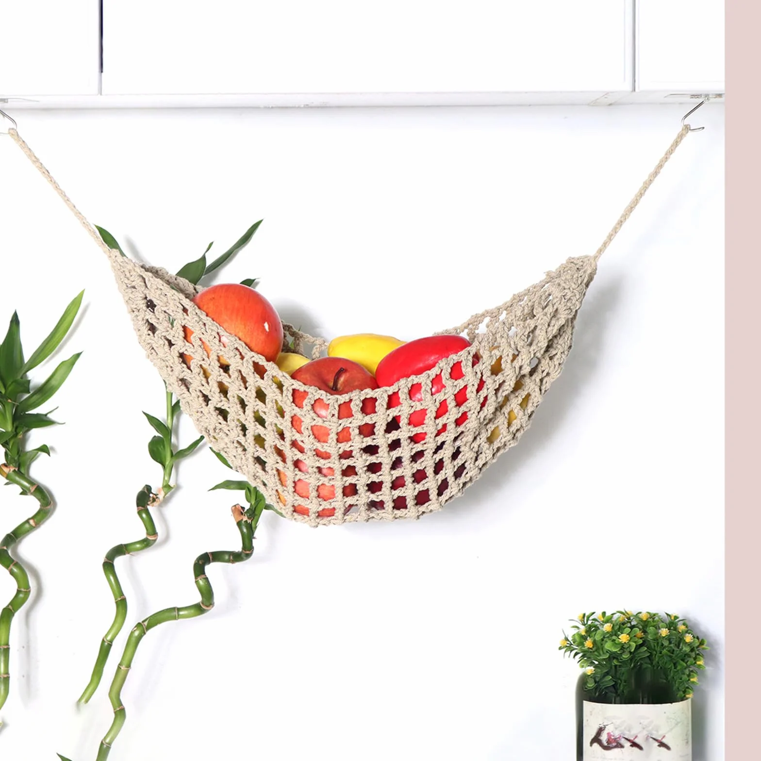 Wiszący do dekoracji kuchni BohéMien, hamak na owoce i warzywa, ręcznie tkana siatka na owoce, z 4 haczykami i 2 haczykami do przechowywania bananów, bawełna, do kampera