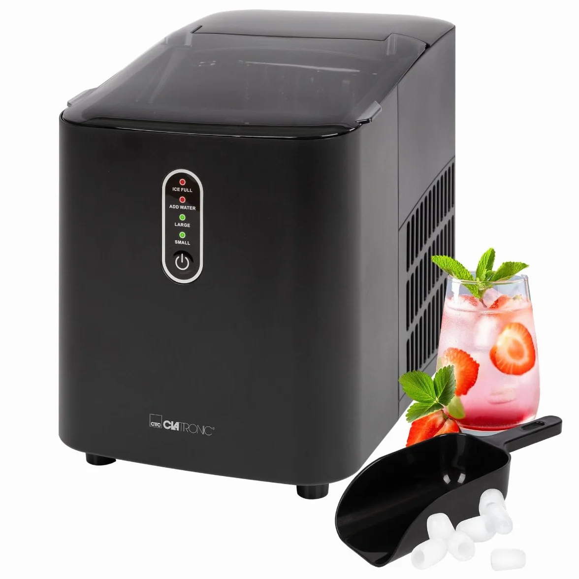 Clatronic® EWB 3798 Ice Cube Machine Fast Production - Ice Cube in 10 Minutes | Up to 10 kg of Ice in 24 Hours | Ice Cube Machine with 2 Ice Cube Sizes and 1.1 L Water Tank | Includes Ice Scoop