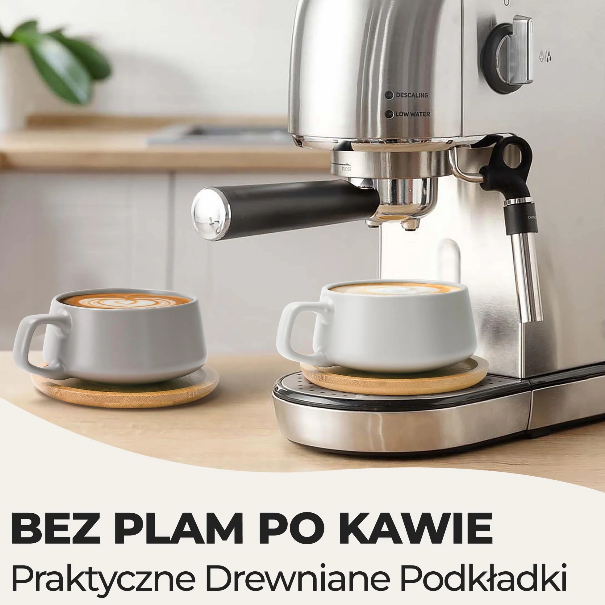 MIAMIO 320 ml, Zestaw 4 Ceramicznych Filiżanek do Herbaty i Spodków Bambusowych - Szeroki Kubek do Cappuccino, Kawy, Latte, Espresso