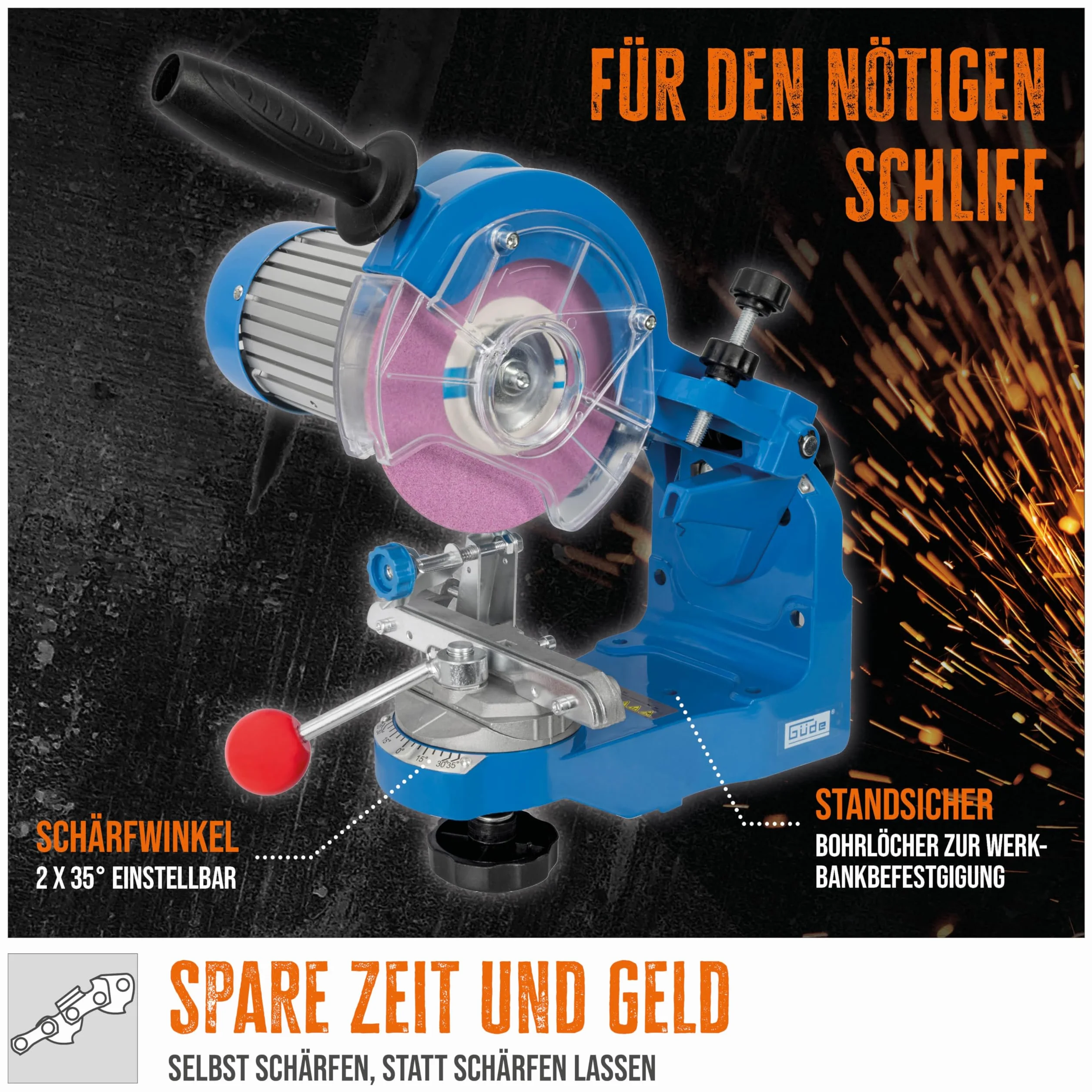 Güde Ostrzałka do piły łańcuchowej P 2300 A (230 W, 3000 1/min, regulowany kąt ostrzenia 2 x 35°, prowadnica łańcucha, oświetlenie, do wszystkich popularnych typów łańcuchów piły, 2 x tarcze