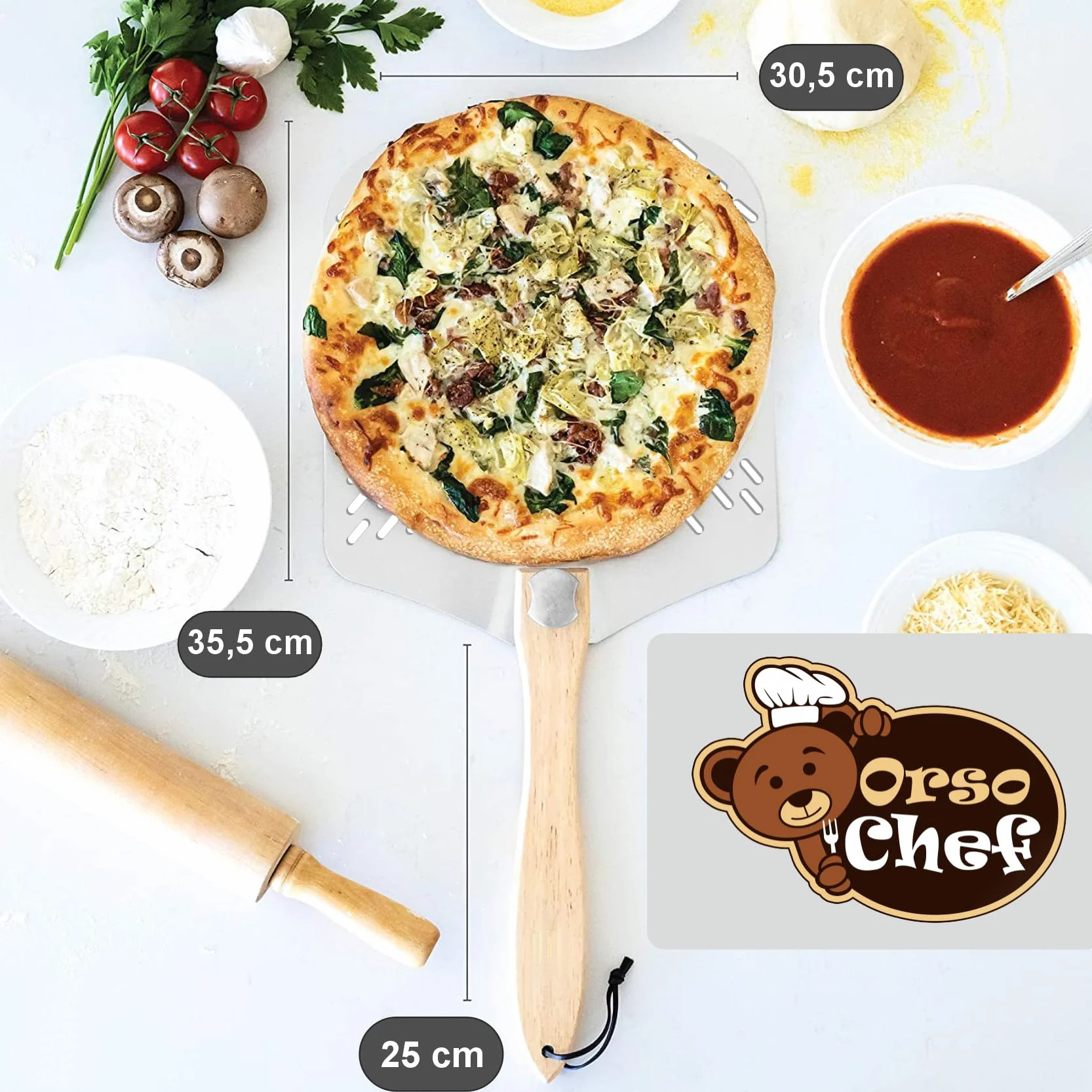 Antech łopatka do pizzy z otworem, krótka łopatka do pizzy z aluminium ze zdejmowanym uchwytem, profesjonalnie zaprojektowana z myślą o optymalnym wykorzystaniu w kuchni, pizzy, chlebie i focaccia
