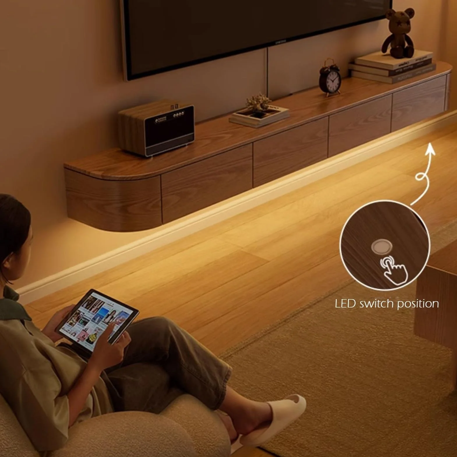 Generisch Wisząca podstawka pod telewizor LED, montowana na ścianie konsola medialna, lite drewno z 2 szufladami, duża przestrzeń do przechowywania do salonu, nowoczesny design (czarny, 200 cm)