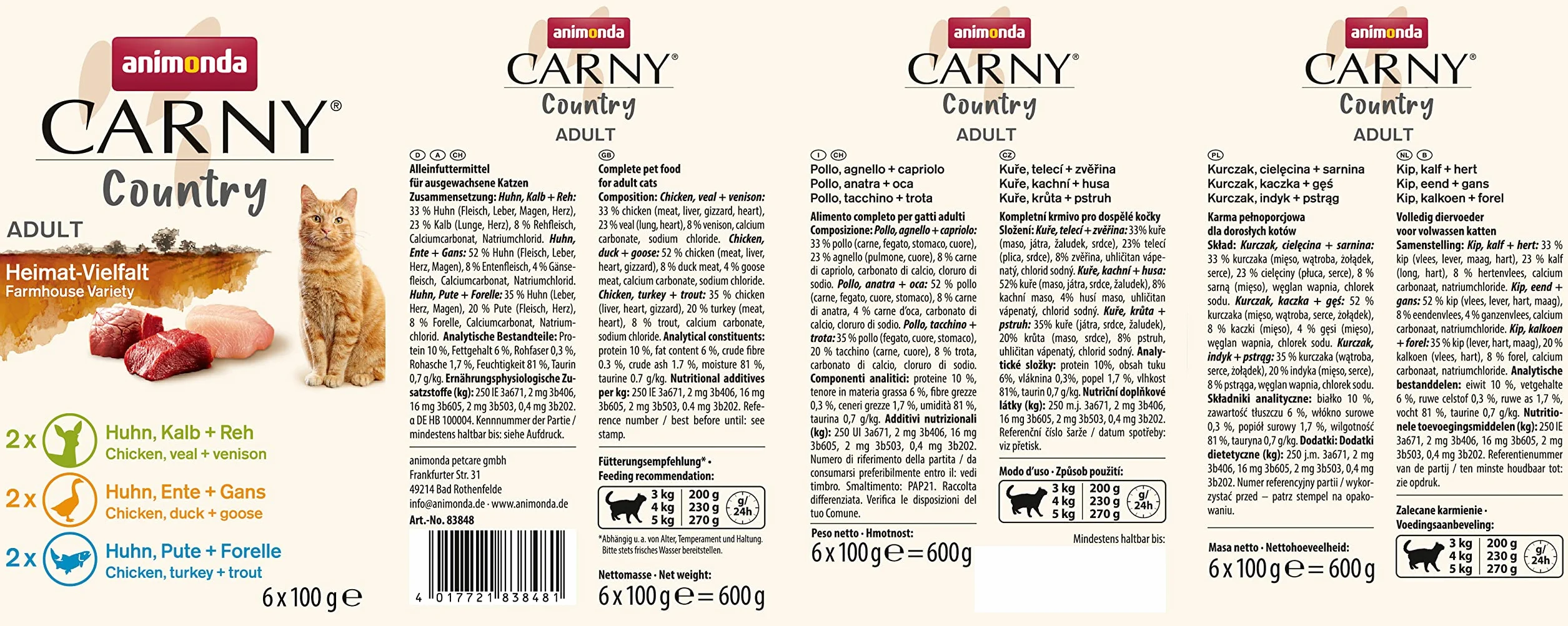 Animonda Carny Adult Karma dla Kotów, Kurczak/Kaczka/Gęś/Indyk Pstrąg/Cielęcina/Sarna, 6x100 g