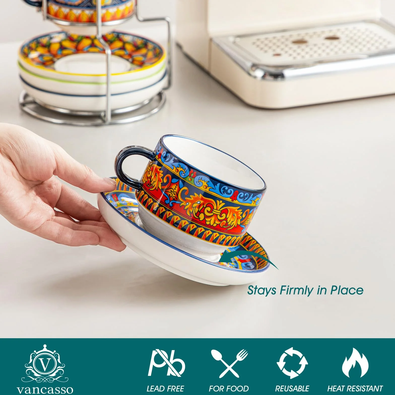 vancasso Zestaw 4 filiżanek do kawy, 270 ml, filiżanki ze spodkami i metalowym stojakiem, układane, grubościenna porcelana, zmywalne w zmywarce – seria KRVI, idealne do latte, cappuccino i herbaty
