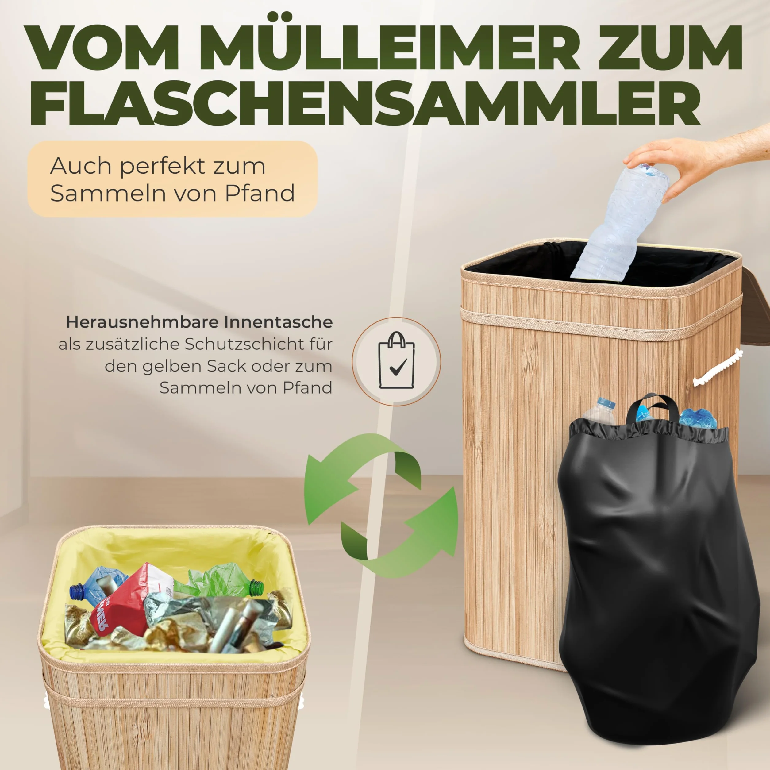 COTTARA® żółty stojak na worki na śmieci z pokrywką, kosz na śmieci na żółte worki z bambusowego pojemnika z wciąganym, zmywalnym wkładem wewnętrznym, 60-120L system na śmieci, pojemnik na recykling