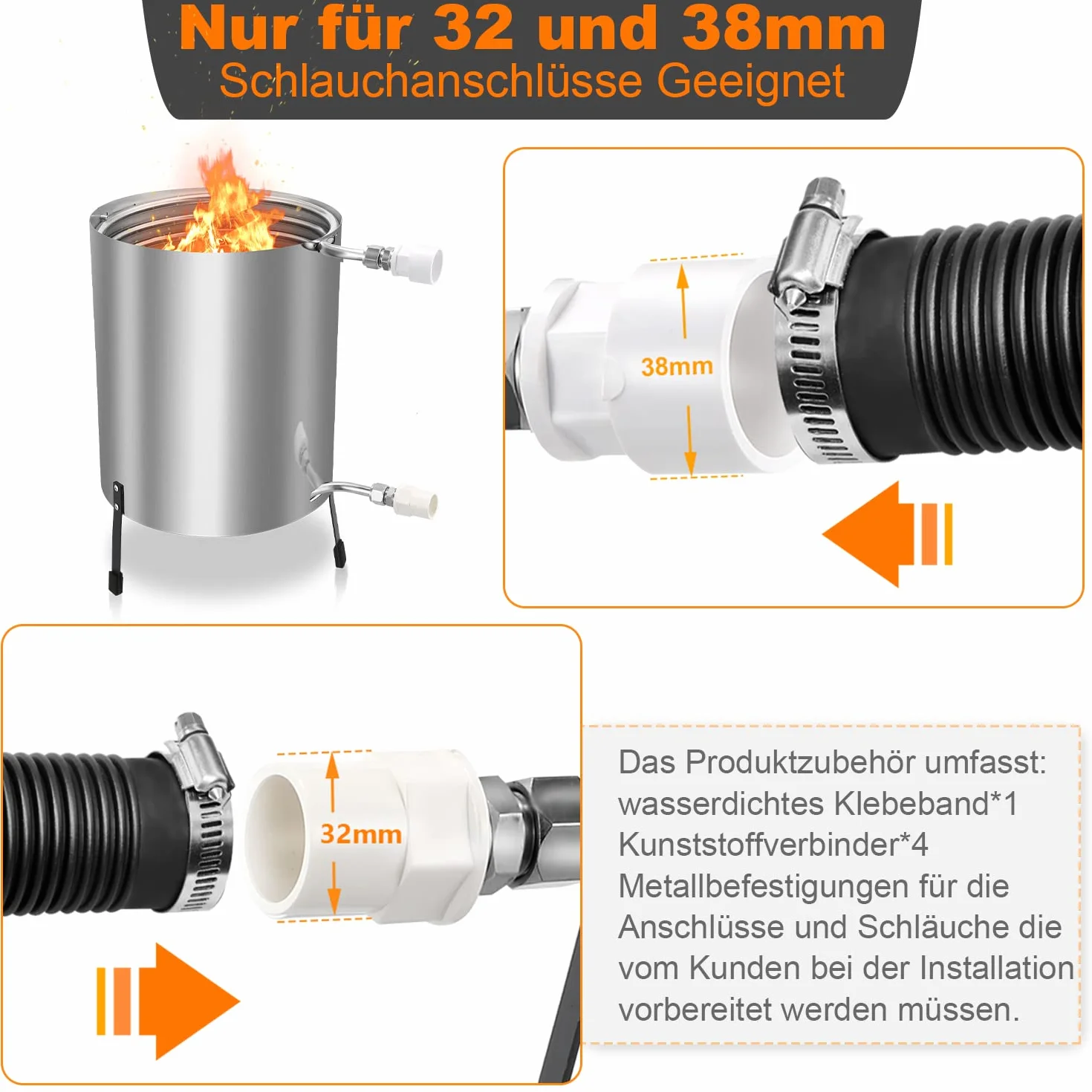 Ogrzewanie basenu za pomocą ognia, kociołek ze spiralą grzewczą, 100% stal nierdzewna, przyłącza 32/38 mm, ogrzewanie do ponad 12°C na 1000 l/h