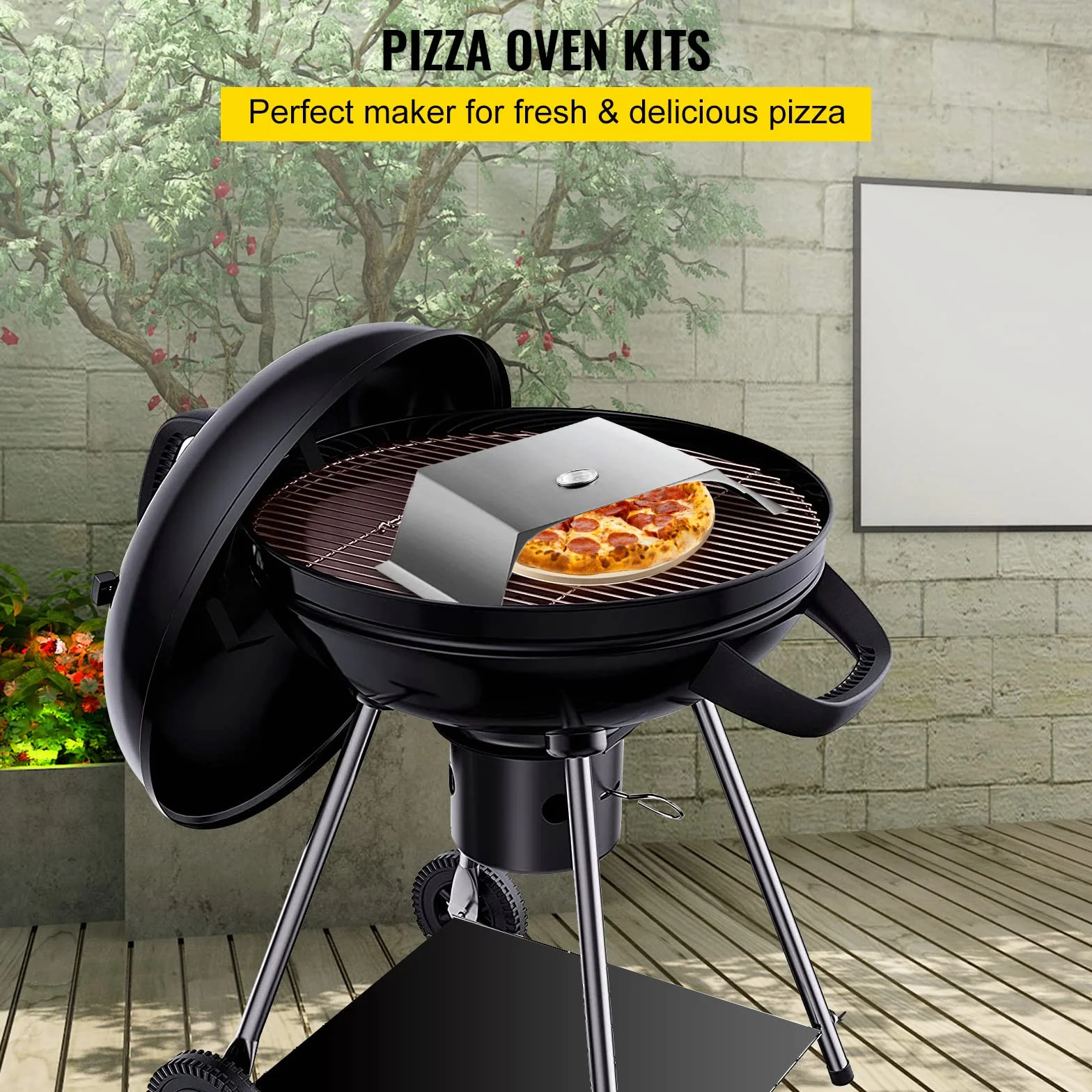 VEVOR Zestaw pieca do pizzy, grill ze stali nierdzewnej, zestaw do robienia pizzy do większości grillów węglowych 56 cm, zestaw pieca do pizzy zawierający komorę do pizzy, okrągły kamień do pizzy 33