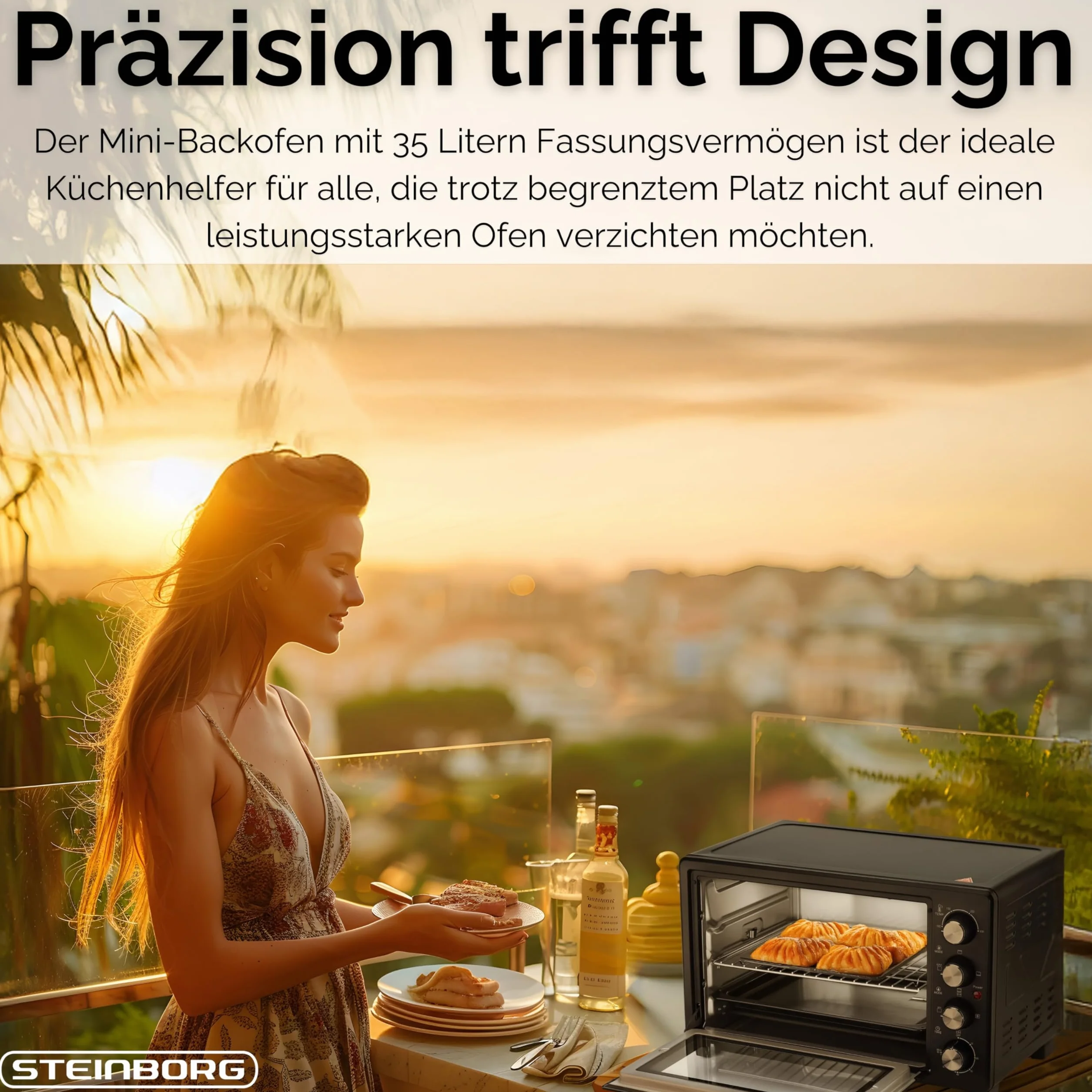 Steinborg Mini piekarnik 35 litrów z termoobiegiem i rożnem obrotowym, blacha na okruchy, grzanie górne i dolne, 1600 W, mini piekarnik z timerem, wolnostojący, bezstopniowa regulacja temperatury do