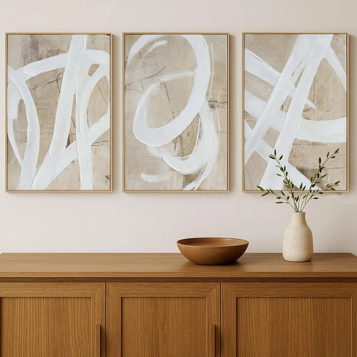 lianyibo Neutralna abstrakcyjna sztuka ścienna minimalistyczna biała brązowa pastelowa farba pociągnięcia kształty plakaty wydruki salon sypialnia dekoracja (50 x 75 cm x 3/rama wewnętrzna)