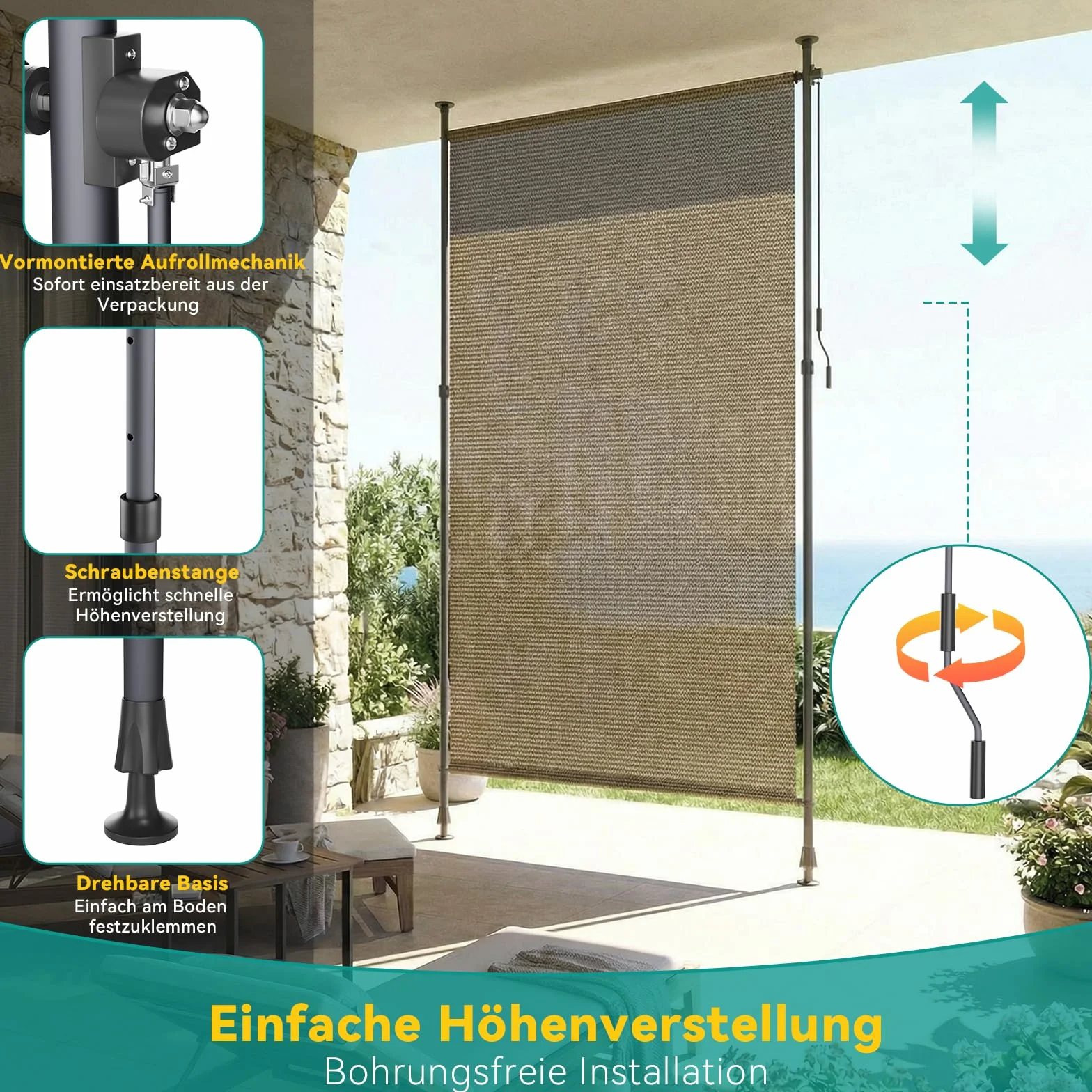LIFERUN Markiza zaciskowa z HDPE pionowa na zewnątrz, ochrona przed spojrzeniami, bez wiercenia, wysuwana markiza boczna, ochrona przed słońcem, wiatrem, wodoodporna, na balkon, do ogrodu, na taras