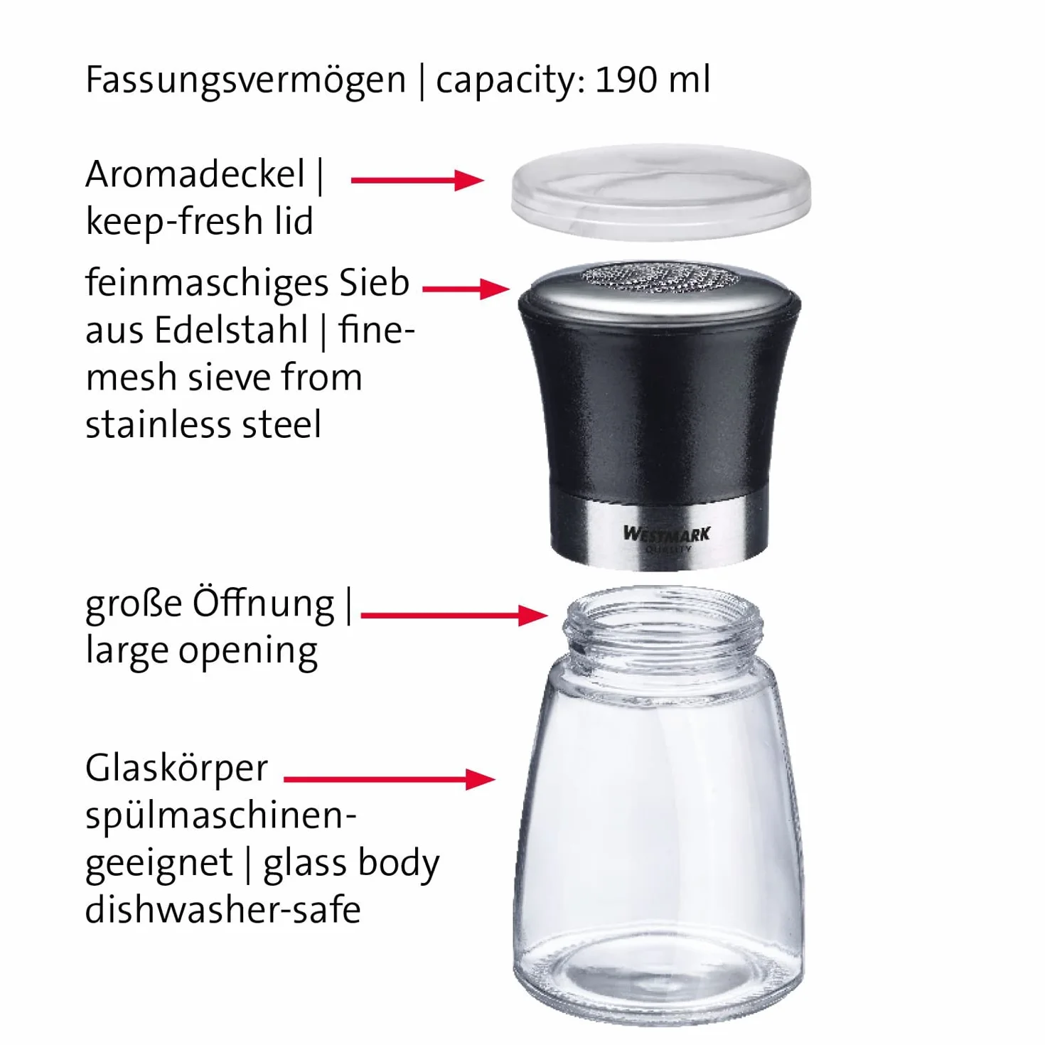 Westmark Dozownik do cukru pudru, Z pokrywą utrzymującą aromat, Pojemność: 190 ml, Szkło/Stal nierdzewna/Tworzywo sztuczne, Blacky, Przezroczysty/Czarny/Srebrny, 69512260