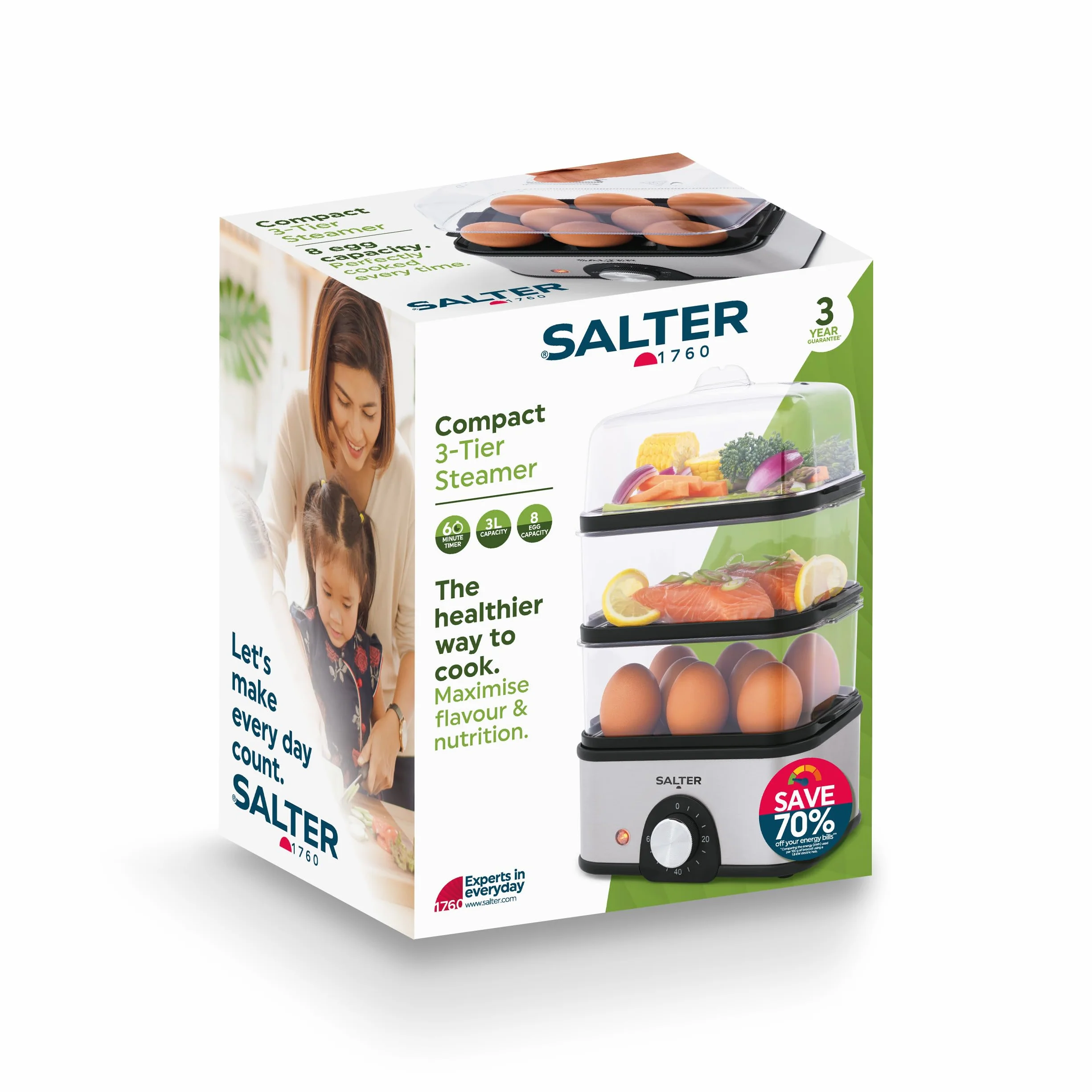 Parowar 3-poziomowy Salter – kompaktowy multicooker, 3 kosze do gotowania na parze, elektryczny jajowar, pojemność na 8 jajek, timer do 60 minut, pojemność 3L, moc 500W