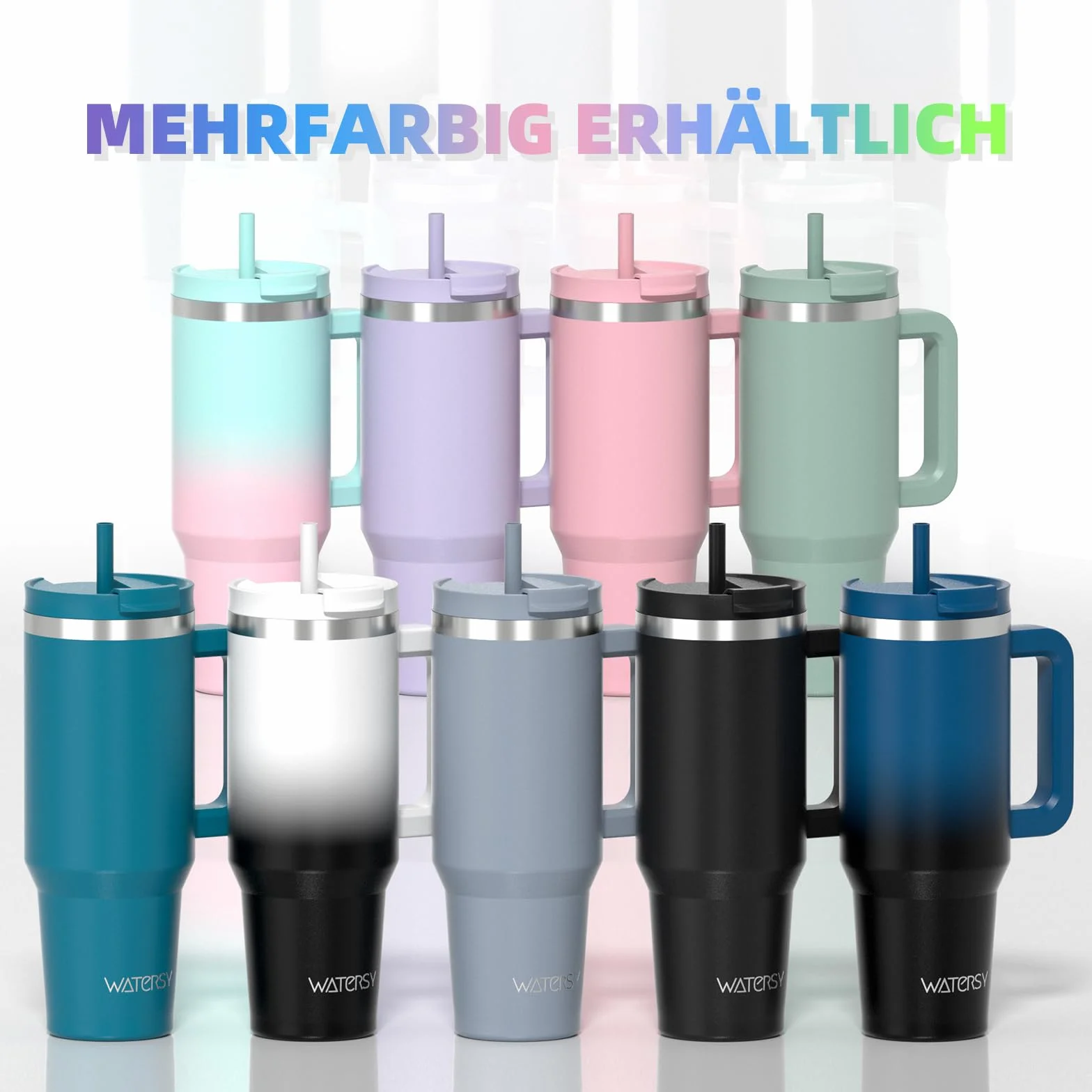 WATERSY Kubek podróżny 850 ml, kubek do kawy z 2 słomkami, pokrywka i uchwyt, stal nierdzewna, podwójna ścianka, izolowana próżniowo, butelka na wodę, termiczna do zimnej gorącej kawy, 891 ml, czarny