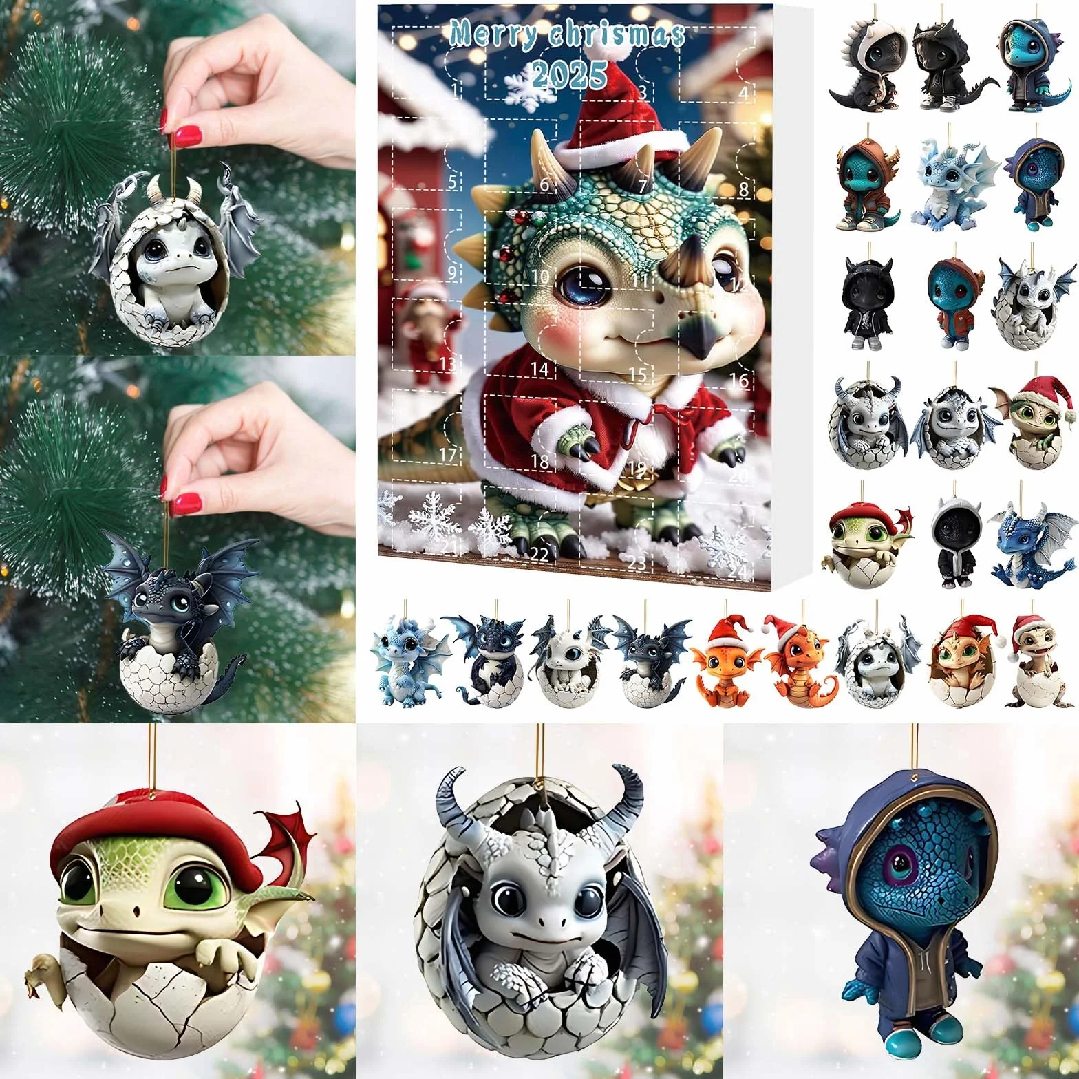 Kalendarz adwentowy 2025, 2D Dragon Ornament Adwent, kalendarze adwentowe z motywem zwierząt, kalendarz na choinkę, dekoracje świąteczne do domu