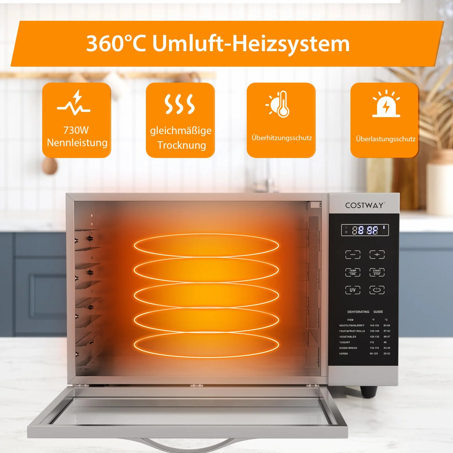 COSTWAY Suszarka do dywanów z 8 przegródkami, suszarka 620 W, regulacja temperatury 30-70°C i 24-godzinny timer, ochrona przed przegrzaniem i przeciążeniem, suszarka do dywanów do owoców, mięsa i
