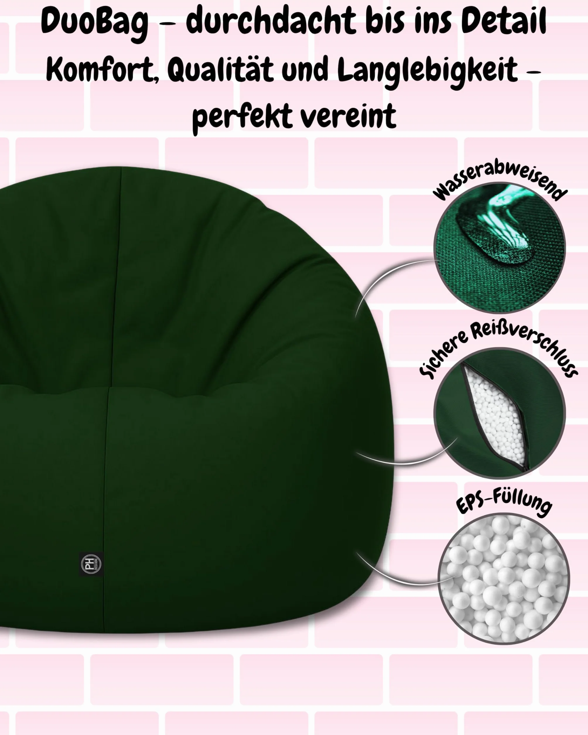 Patchhome Bean Bag worek/poduszka do siedzenia 2 w 1, średnica 100 cm, kolor ciemnozielony optymalnie napełniona