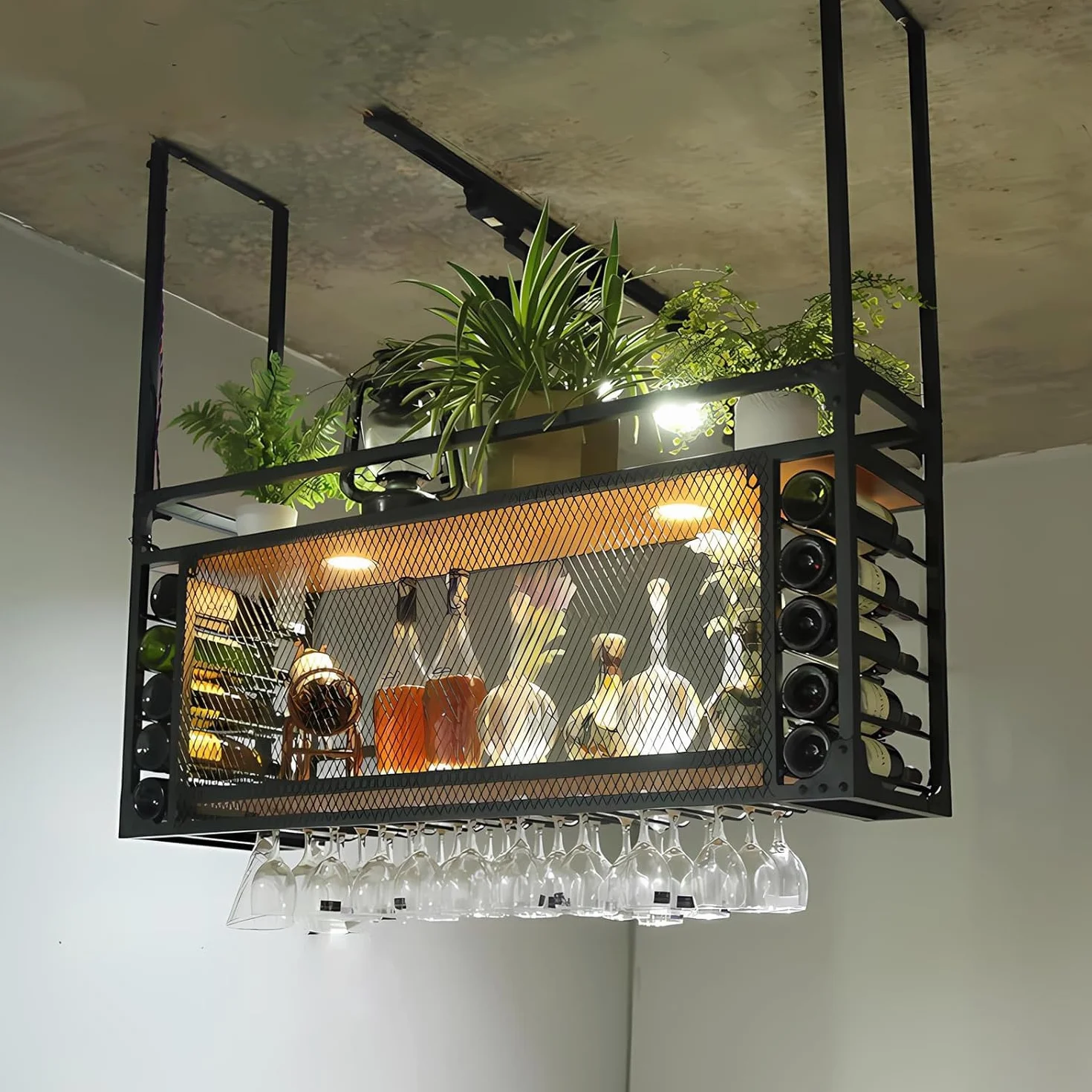 Wiszący metalowy stojak na wino ze światłem LED, Montowane na ścianie stojaki na wino, półka wisząca z metalu i drewna, uchwyt na kielichy, szafa na wino, do baru Cafe Kitche (80cm)