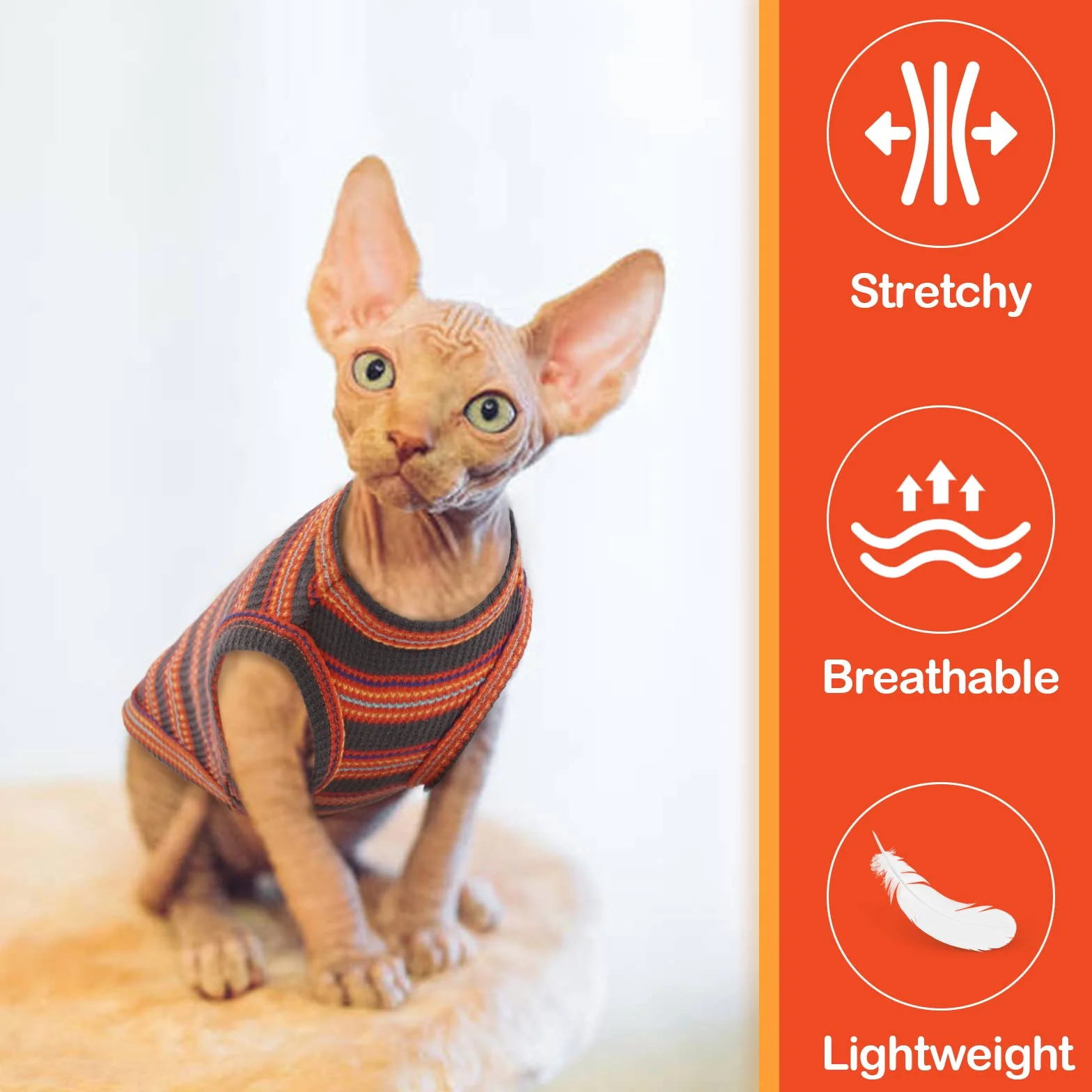 Oddychająca koszulka bez rękawów dla kota Sfinks, Cornish Rex, Devon Rex - letnia odzież w paski