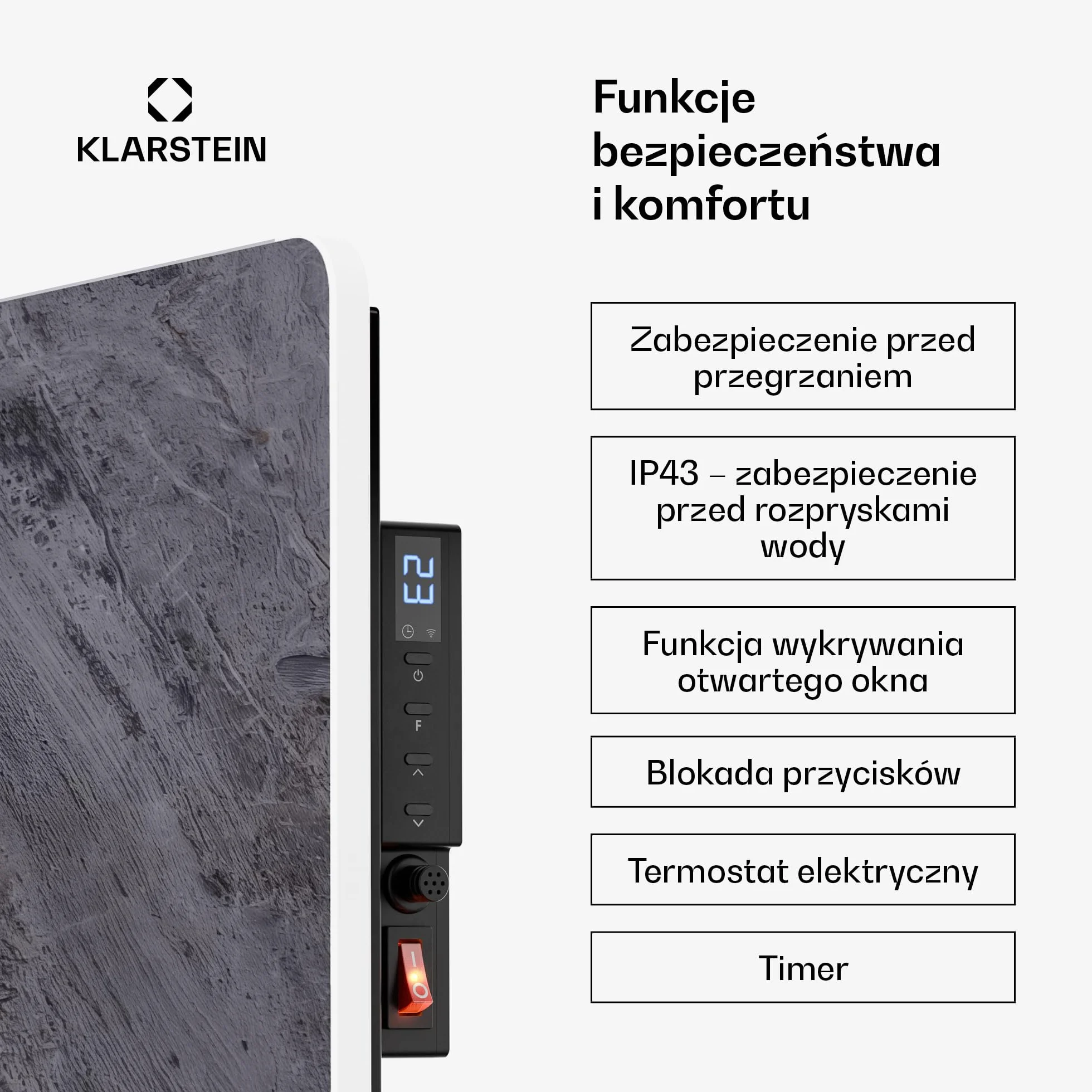 Klarstein Ogrzewanie na podczerwień 600 W – montaż na ścianie i urządzenie stojące, termostat, sterowanie aplikacją, wygląd marmuru, IP43, ochrona przed przegrzaniem, do łazienki i salonu, elektryczne