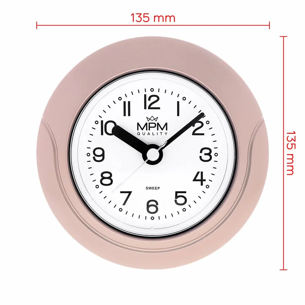 MPM Quality Designerski zegar łazienkowy z tworzywa sztucznego, kwarcowy mechanizm zegarowy, wodoszczelny, 3-5 ATM, różowy, Ø 135 mm, nadaje się również do użytku na zewnątrz i jako zegar łazienkowy,